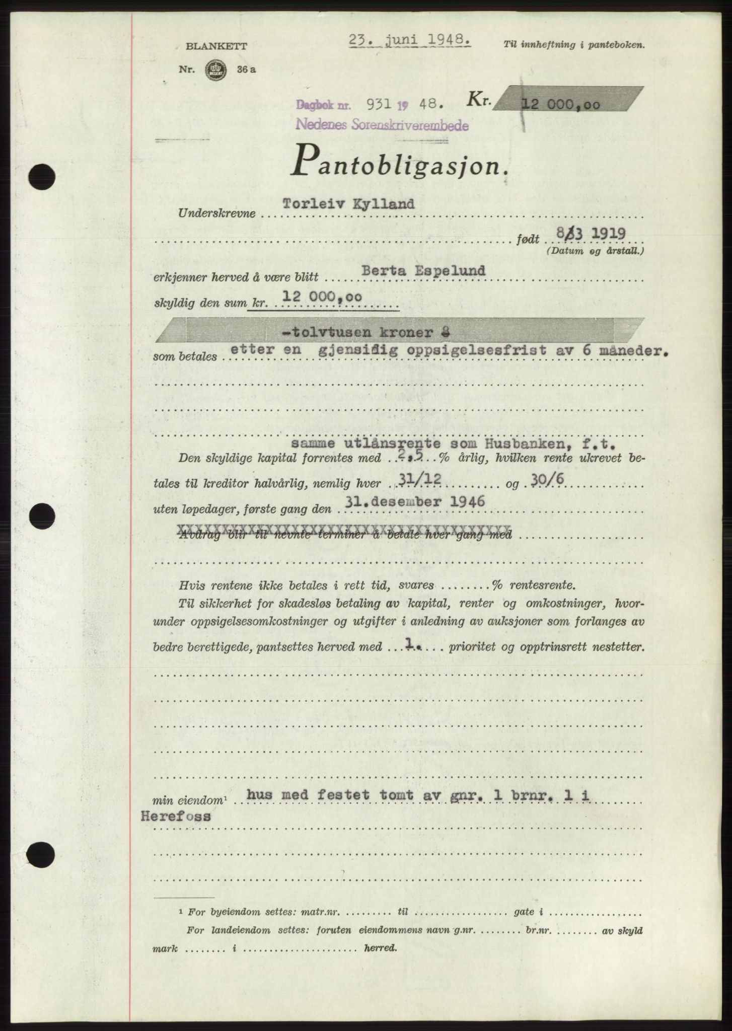 Nedenes sorenskriveri, AV/SAK-1221-0006/G/Gb/Gbb/L0005: Mortgage book no. B5, 1948-1948, Diary no: : 931/1948