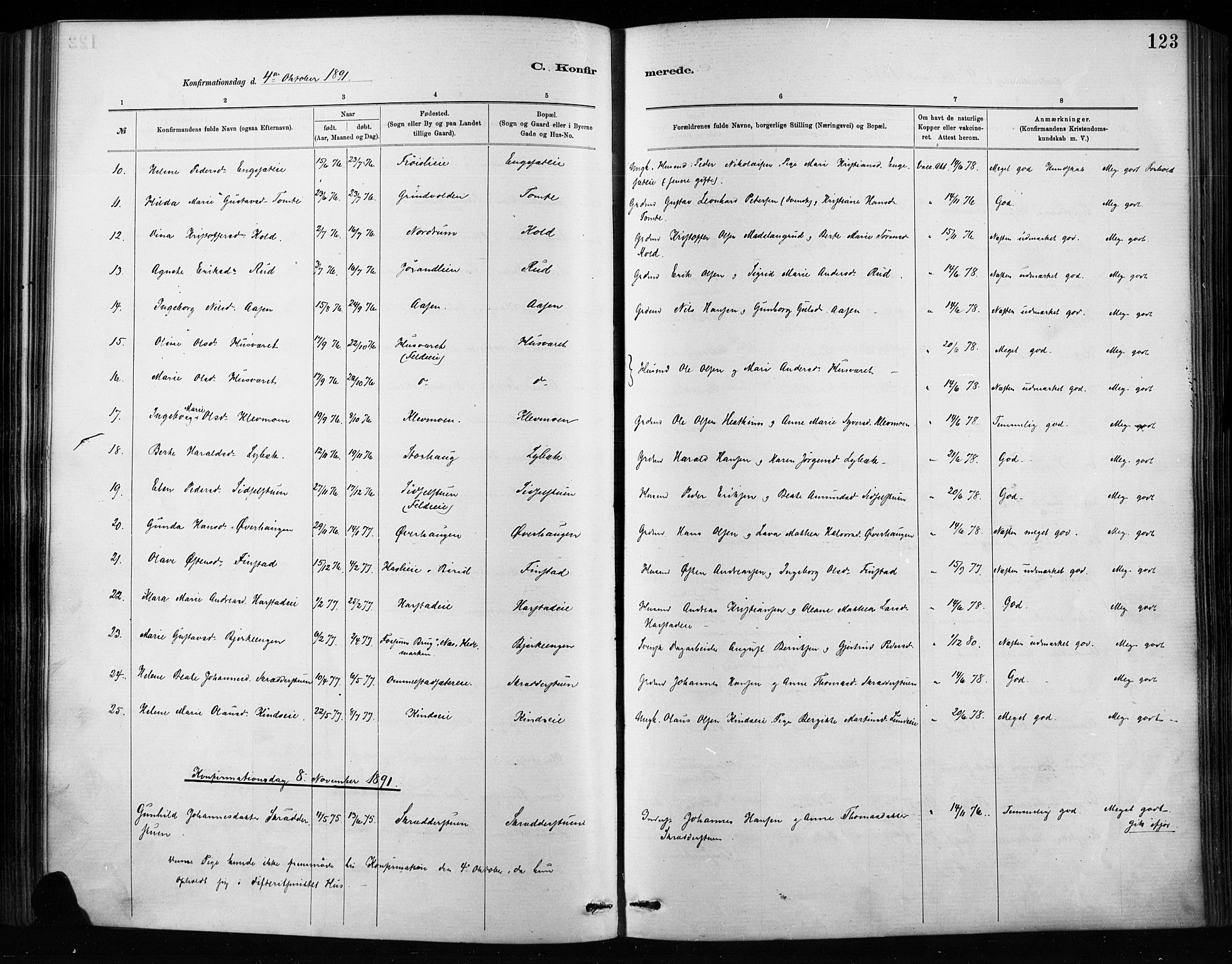 Nordre Land prestekontor, SAH/PREST-124/H/Ha/Haa/L0004: Parish register (official) no. 4, 1882-1896, p. 123