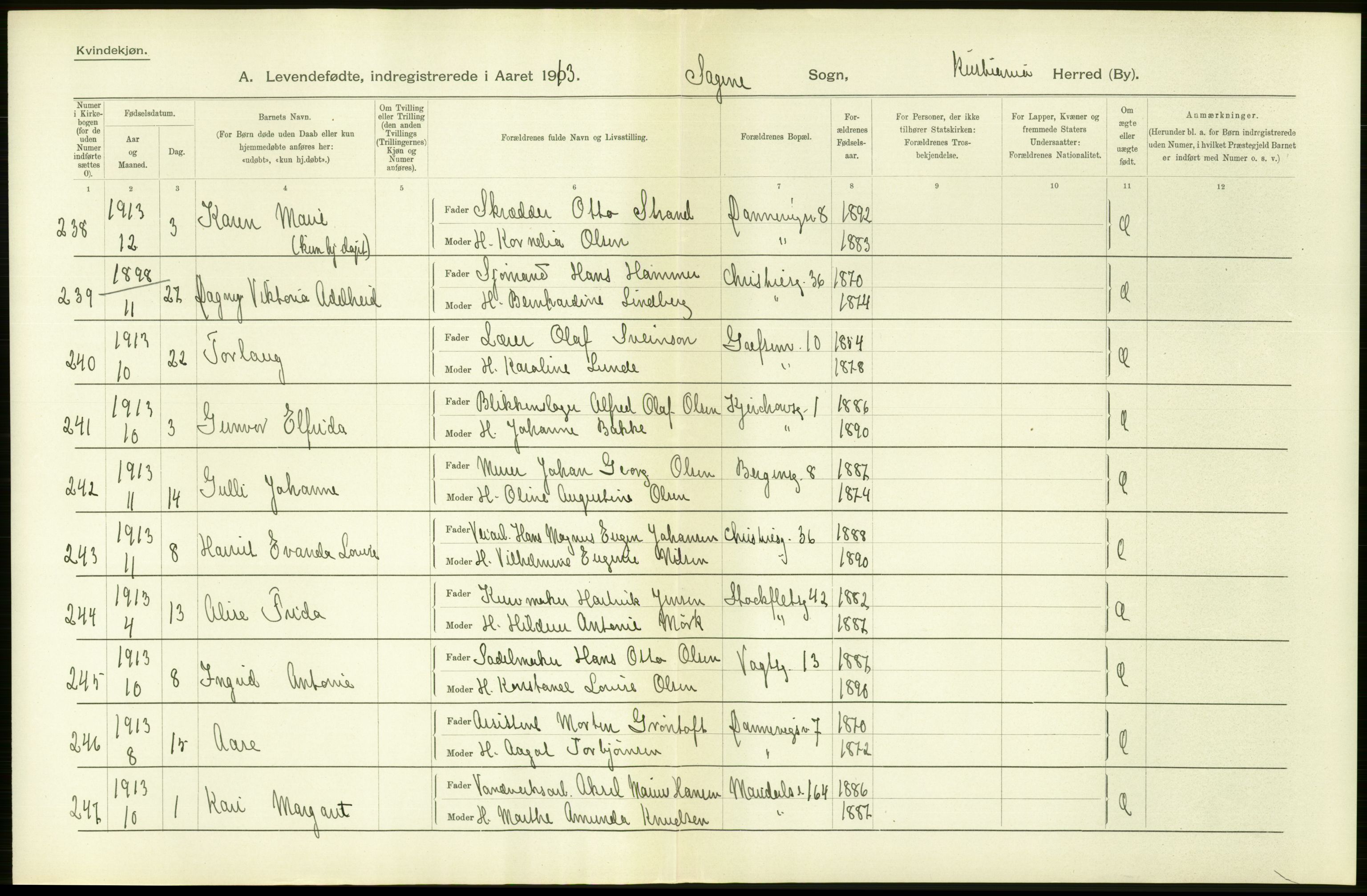 Statistisk sentralbyrå, Sosiodemografiske emner, Befolkning, AV/RA-S-2228/D/Df/Dfb/Dfbc/L0006: Kristiania: Levendefødte menn og kvinner., 1913, p. 68