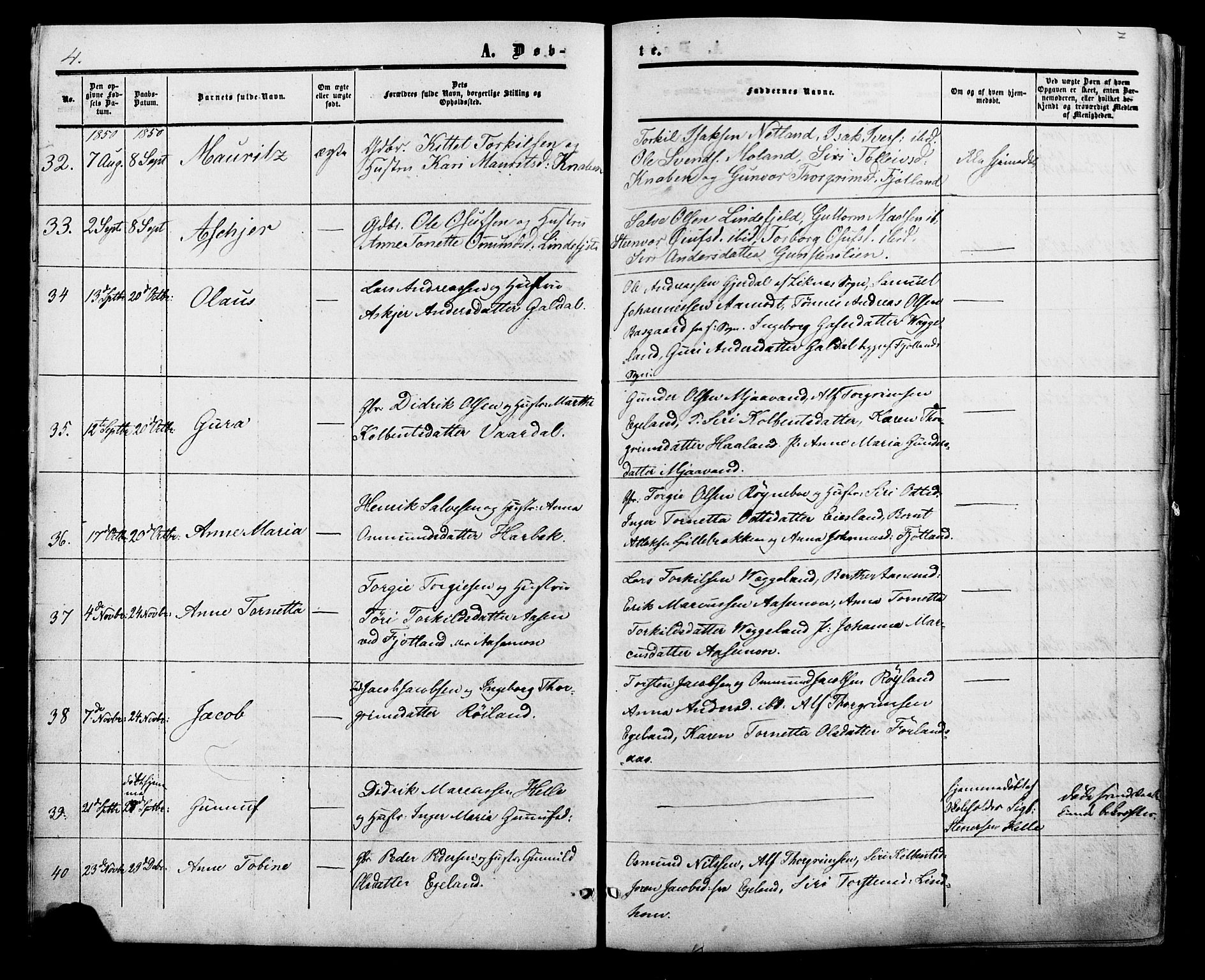 Fjotland sokneprestkontor, SAK/1111-0010/F/Fa/L0001: Parish register (official) no. A 1, 1850-1879, p. 7