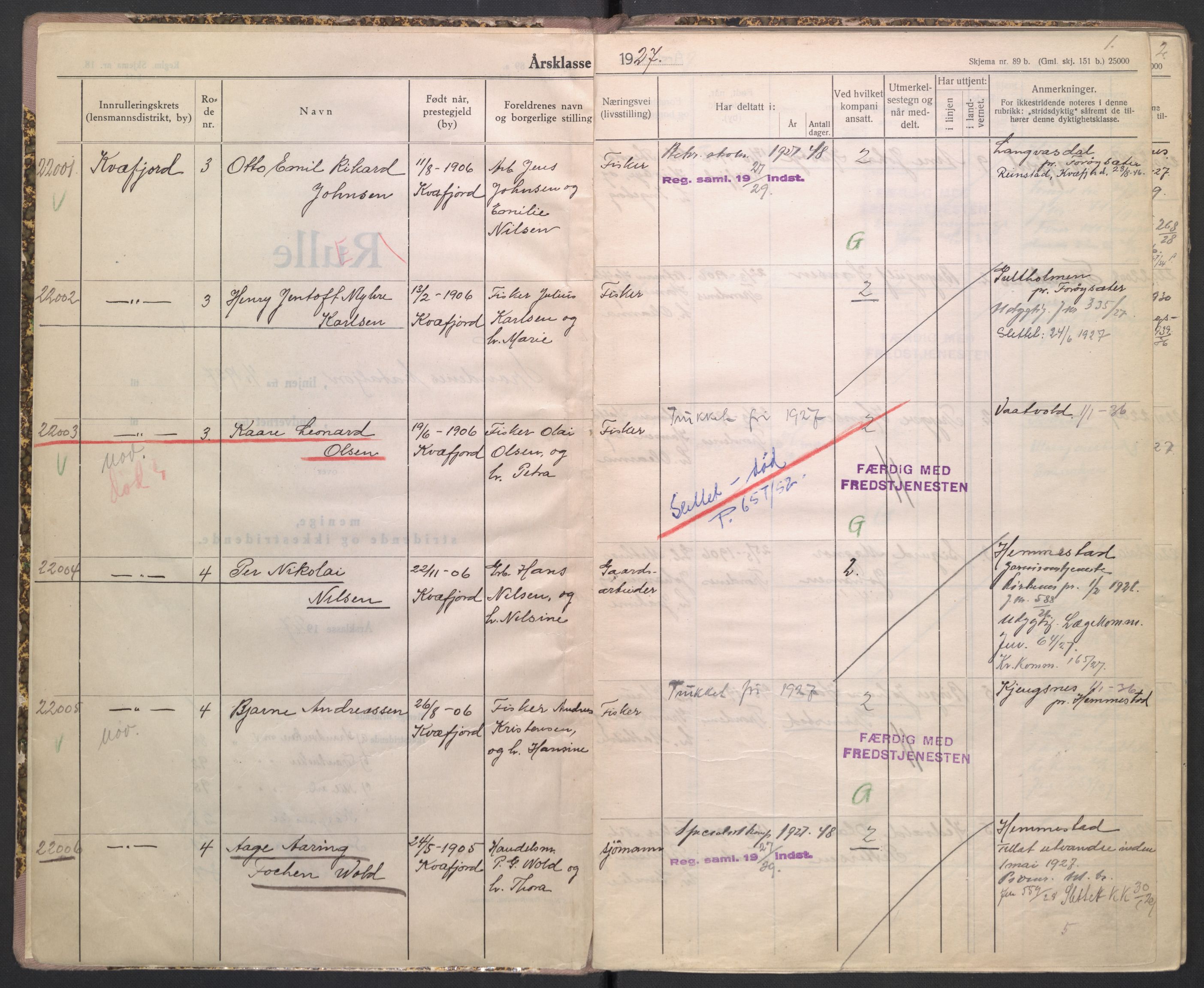 Forsvaret, Troms infanteriregiment nr. 16, AV/RA-RAFA-3146/P/Pa/L0004/0003: Ruller / Rulle for Trondenes bataljons menige mannskaper, årsklasse 1927, 1927, p. 1