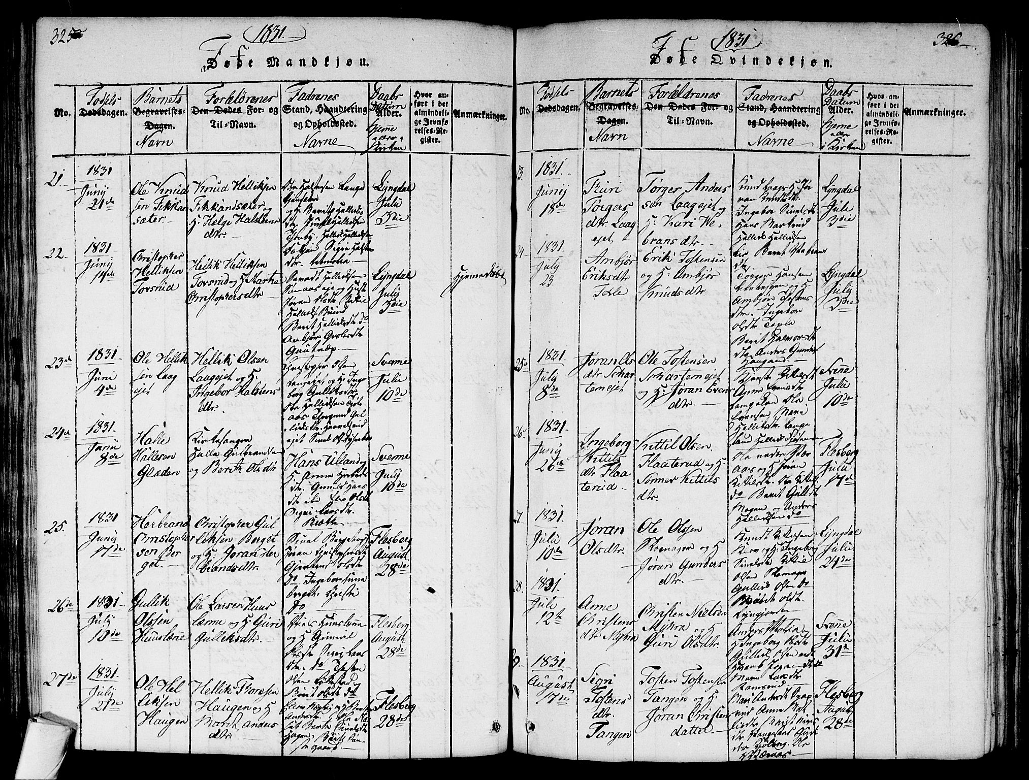 Flesberg kirkebøker, AV/SAKO-A-18/G/Ga/L0001: Parish register (copy) no. I 1, 1816-1834, p. 325-326