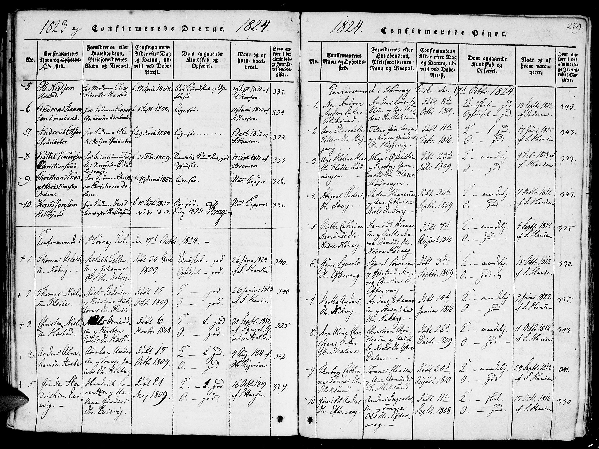 Høvåg sokneprestkontor, SAK/1111-0025/F/Fa/L0001: Parish register (official) no. A 1, 1816-1843, p. 239