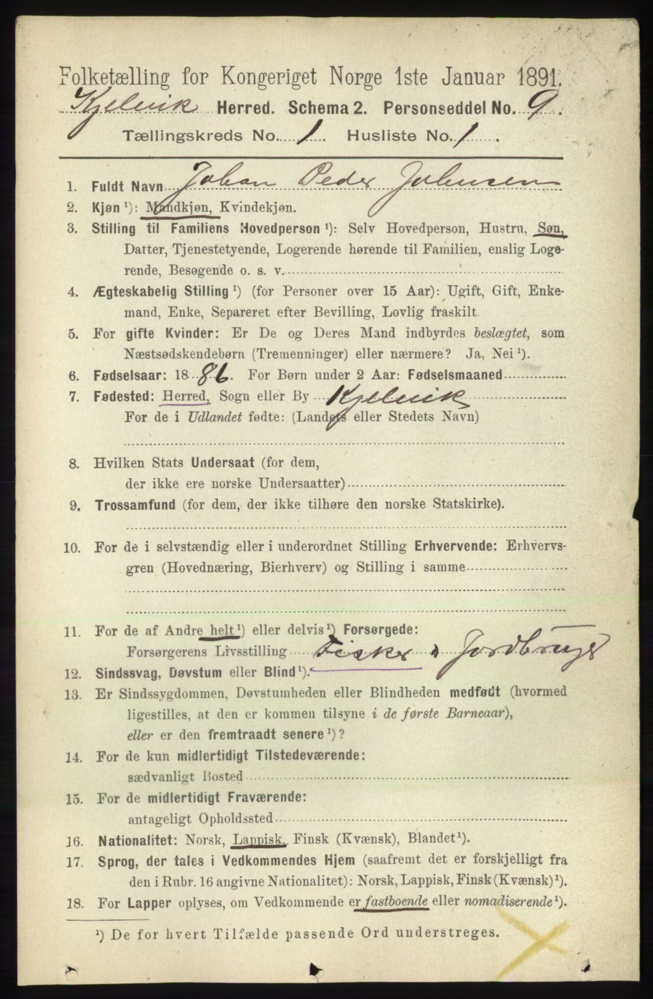 RA, 1891 census for 2019 Kjelvik, 1891, p. 43