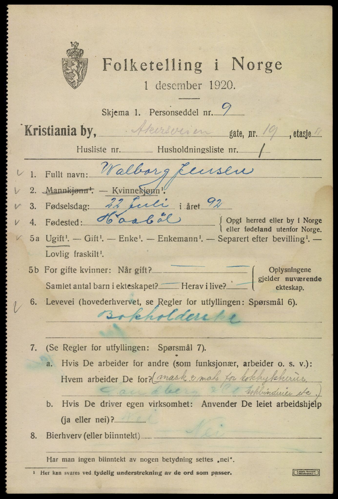 SAO, 1920 census for Kristiania, 1920, p. 140595