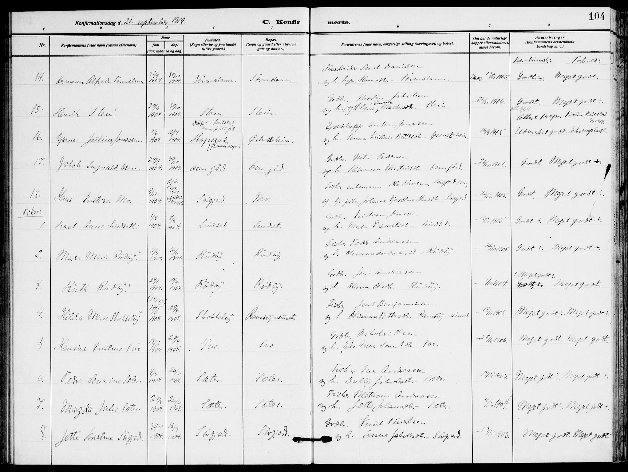 Ministerialprotokoller, klokkerbøker og fødselsregistre - Sør-Trøndelag, SAT/A-1456/658/L0724: Parish register (official) no. 658A03, 1912-1924, p. 104