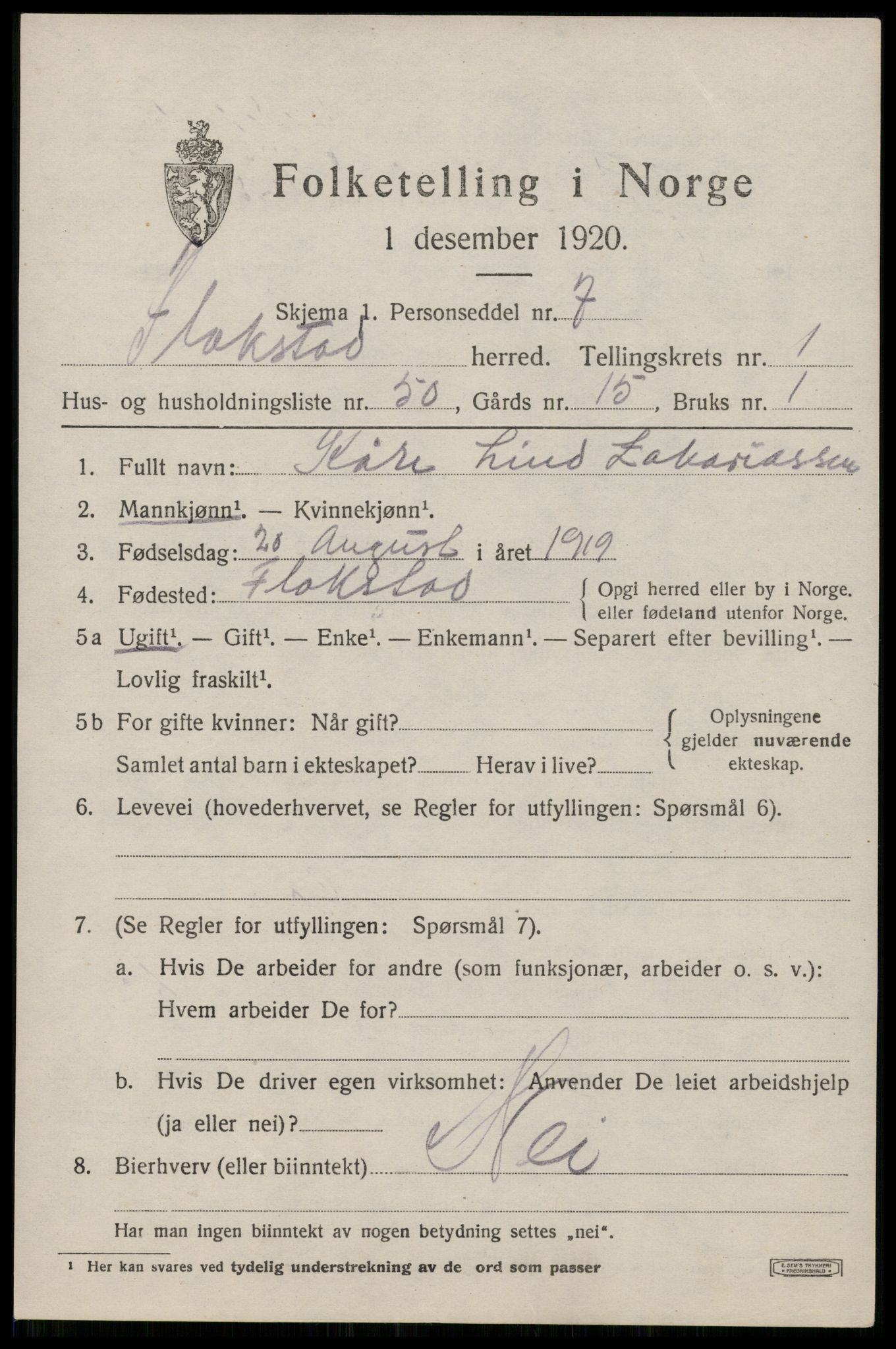 SAT, 1920 census for Flakstad, 1920, p. 1213