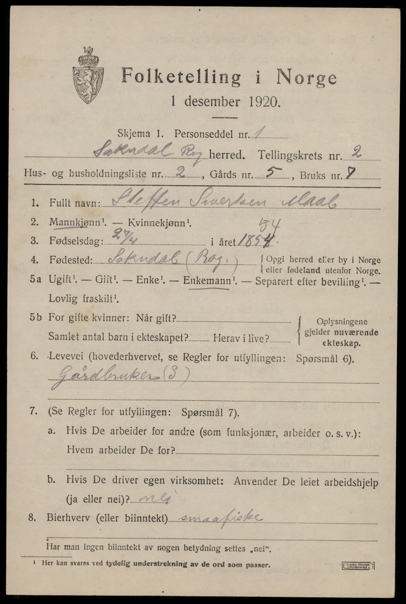 SAST, 1920 census for Sokndal, 1920, p. 1707