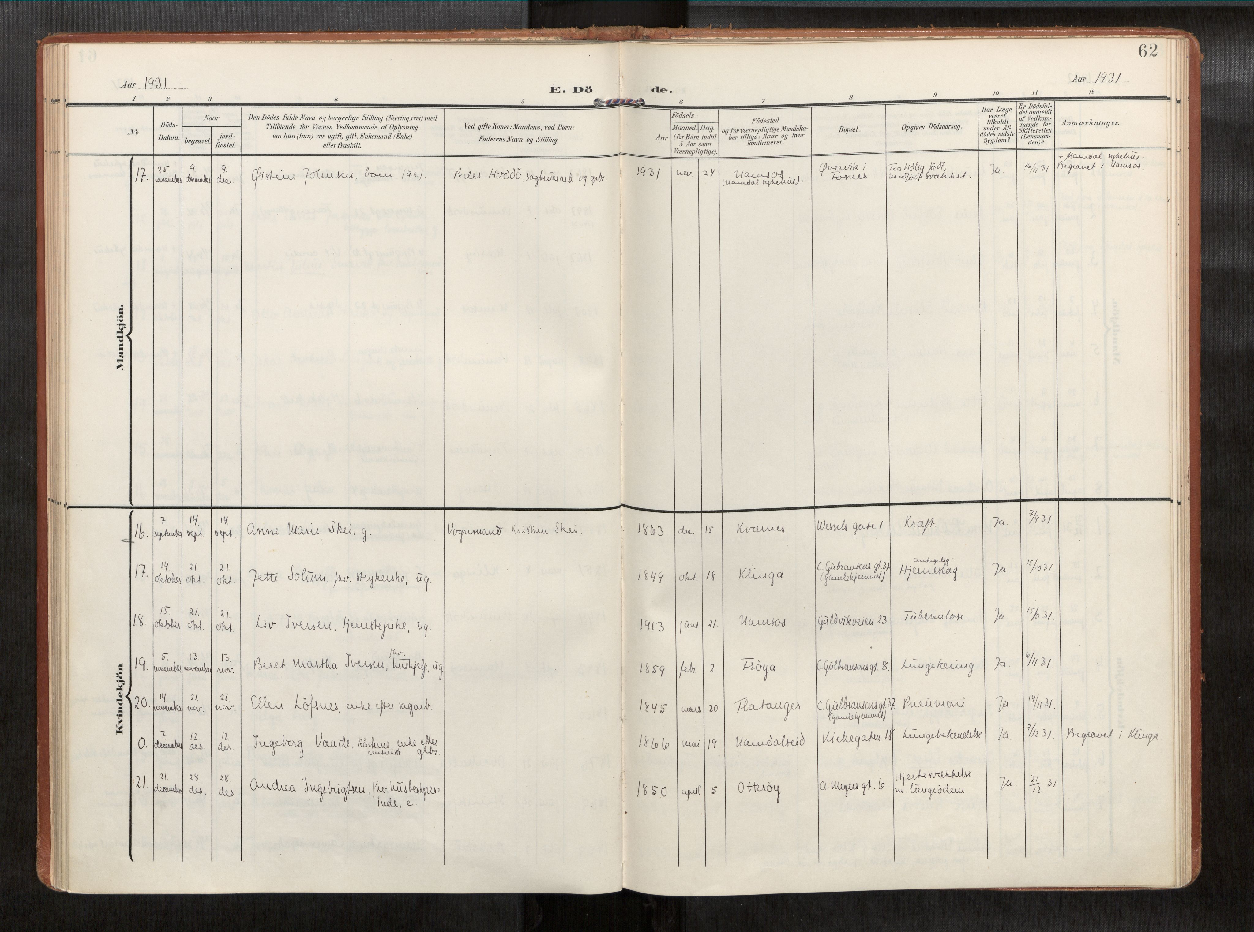 Ministerialprotokoller, klokkerbøker og fødselsregistre - Nord-Trøndelag, AV/SAT-A-1458/768/L0579b: Parish register (official) no. 768A15, 1908-1945, p. 62