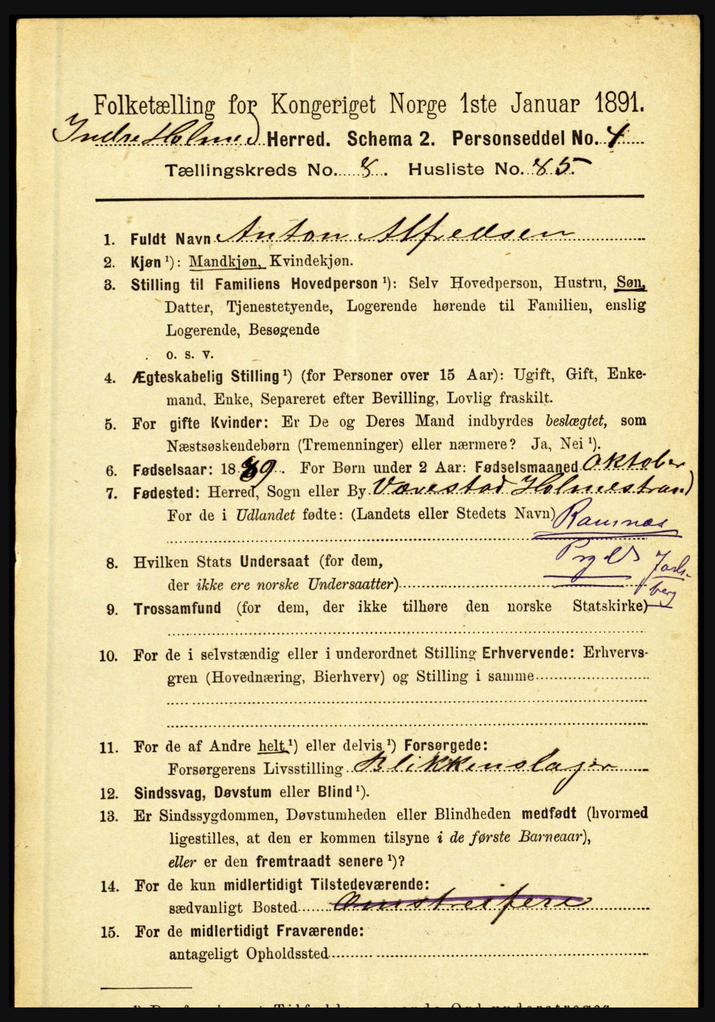 RA, 1891 census for 1430 Indre Holmedal, 1891, p. 3950