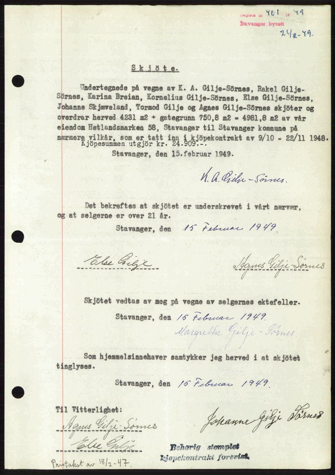 Stavanger byrett, SAST/A-100455/002/G/Gb/L0023: Mortgage book no. A12, 1948-1949, Diary no: : 401/1949