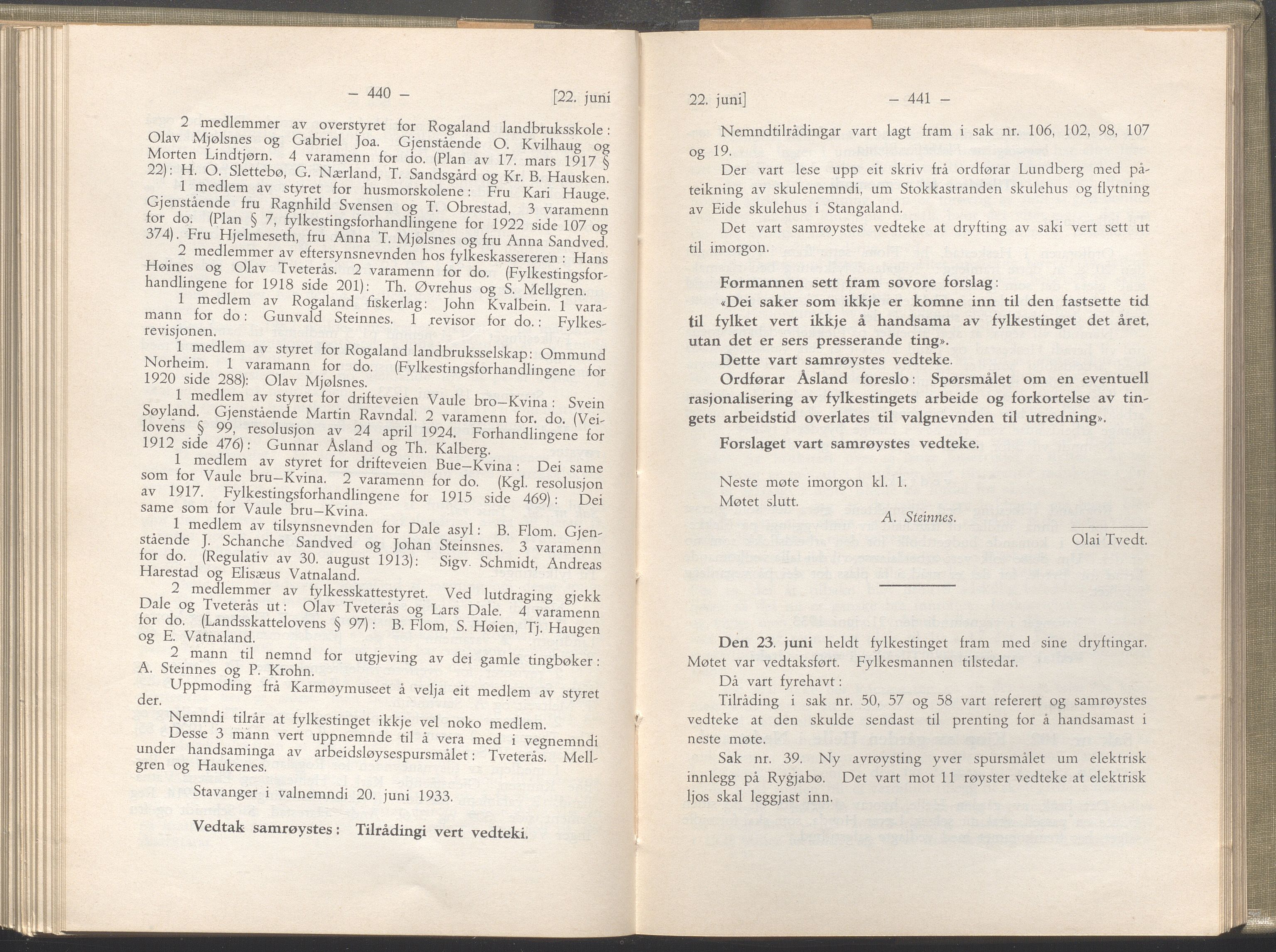 Rogaland fylkeskommune - Fylkesrådmannen , IKAR/A-900/A/Aa/Aaa/L0052: Møtebok , 1933, p. 440-441