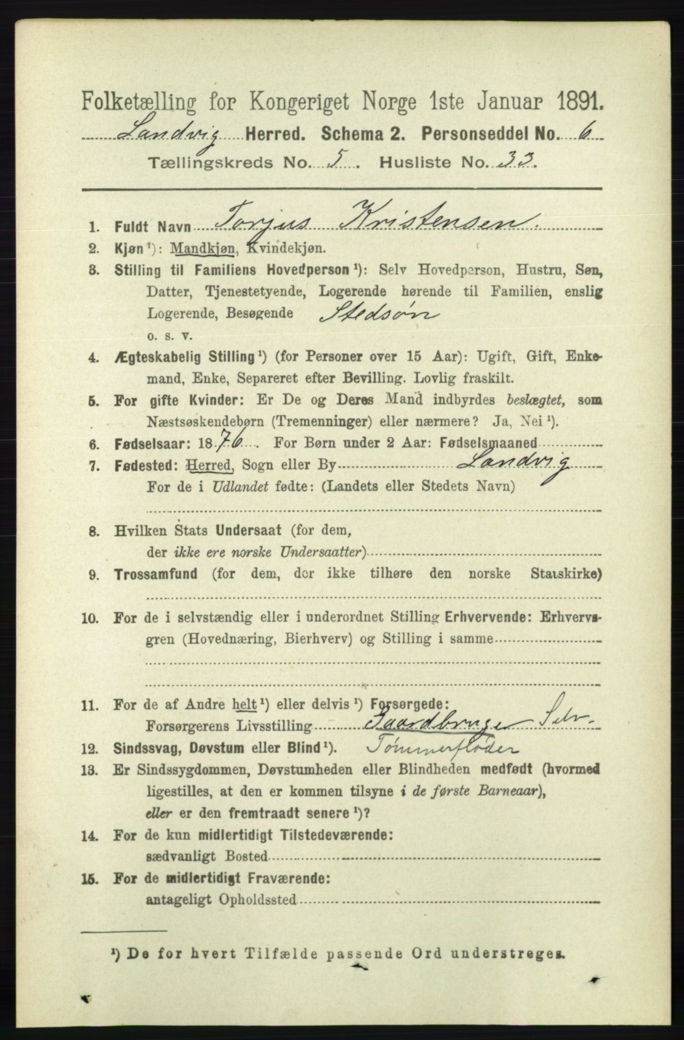 RA, 1891 census for 0924 Landvik, 1891, p. 2396