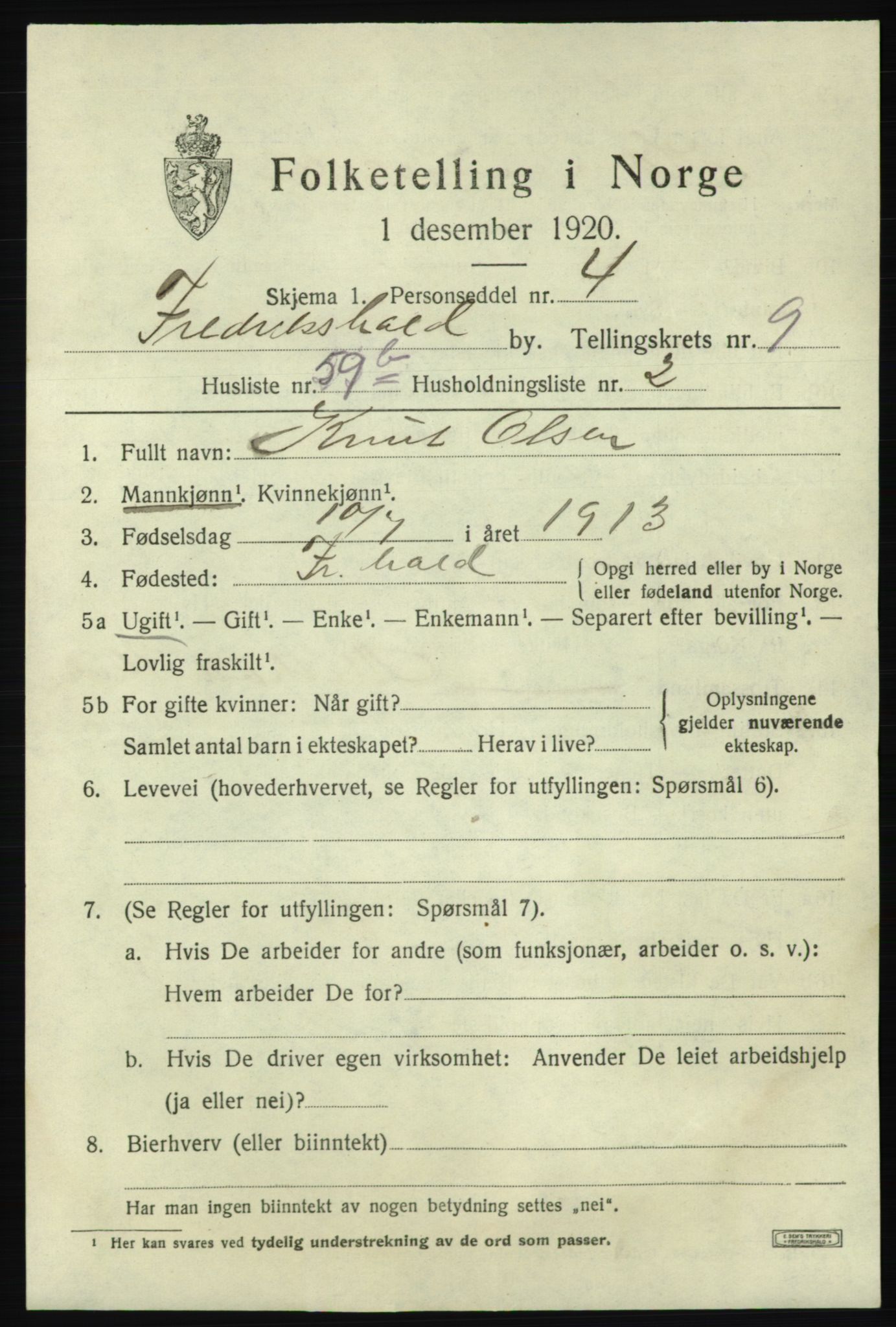 SAO, 1920 census for Fredrikshald, 1920, p. 17405