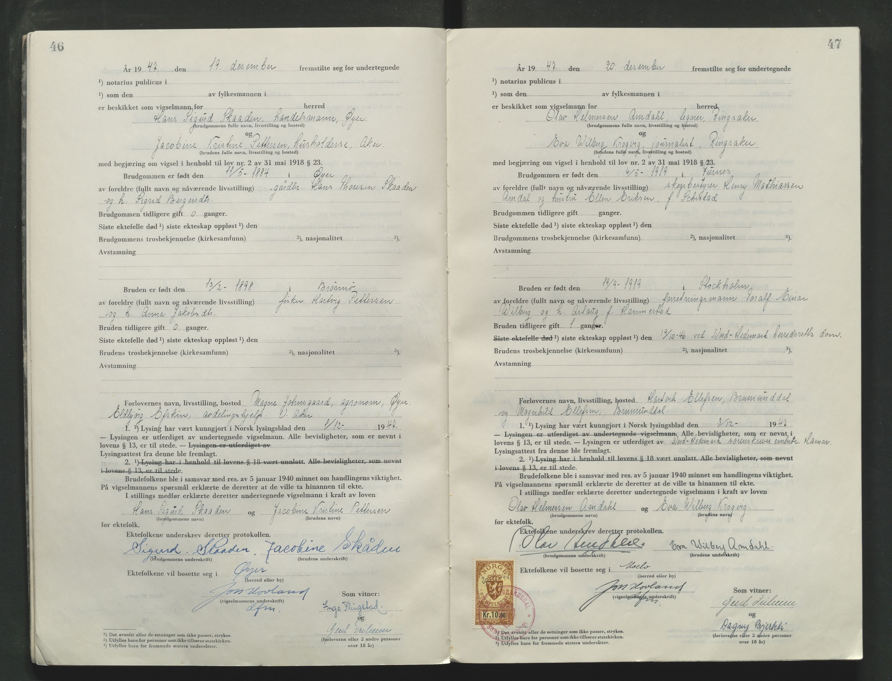 Sør-Gudbrandsdal tingrett, AV/SAH-TING-004/L/Lc/L0006: Vigselsprotokoll, 1946-1954, p. 46-47