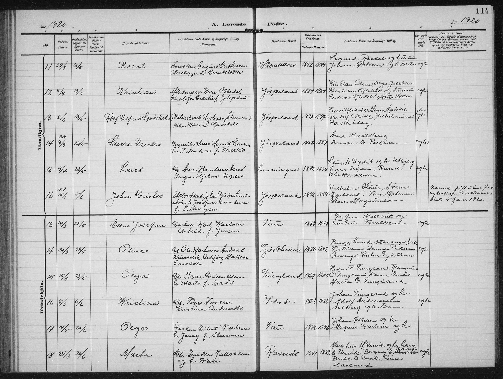 Strand sokneprestkontor, AV/SAST-A-101828/H/Ha/Hab/L0005: Parish register (copy) no. B 5, 1904-1934, p. 114