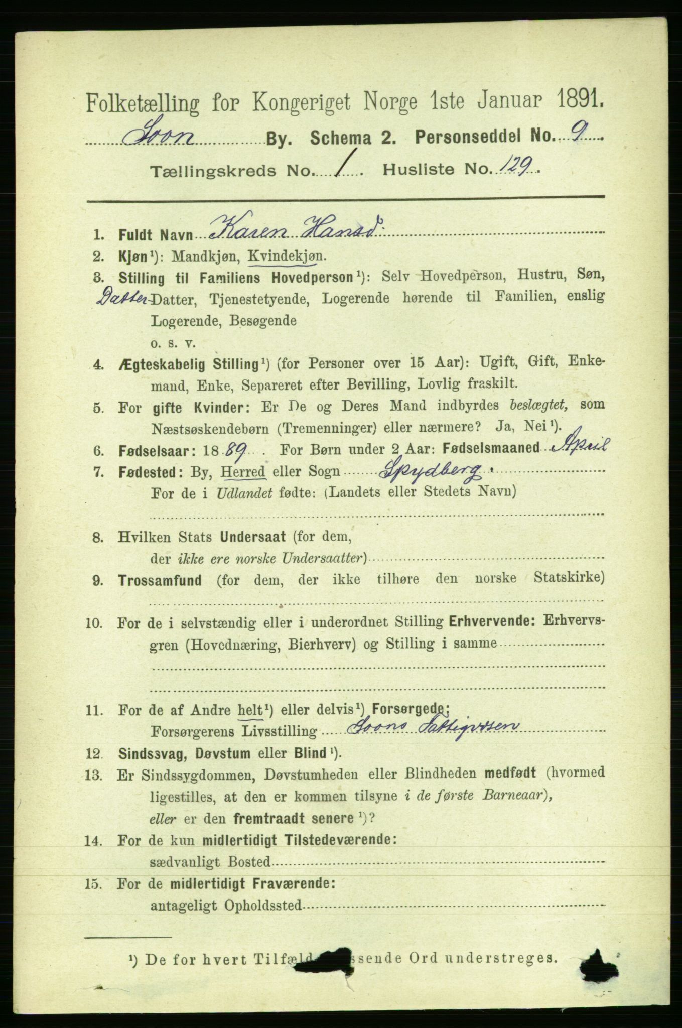 RA, 1891 census for 0201 Son, 1891, p. 827