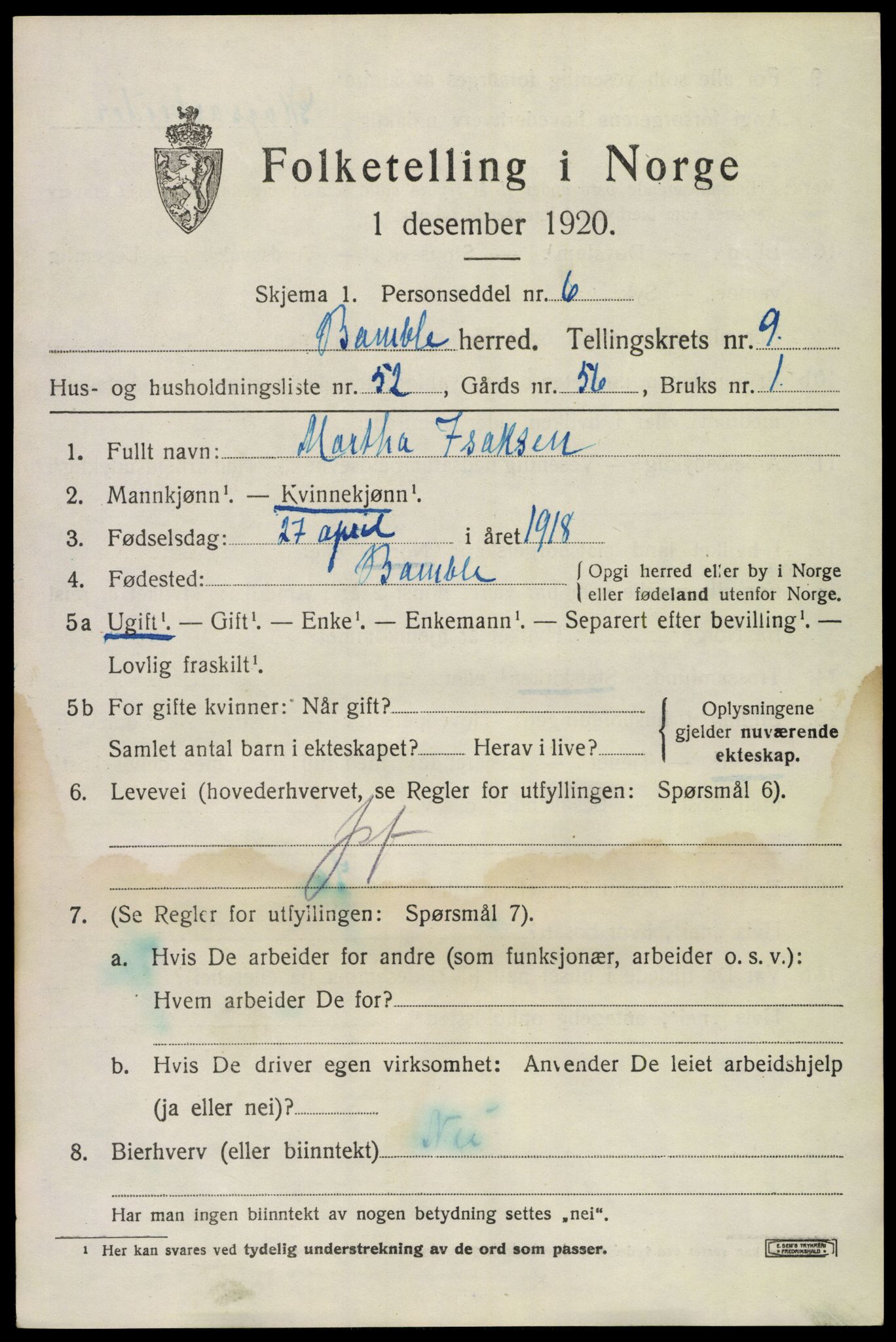 SAKO, 1920 census for Bamble, 1920, p. 8319