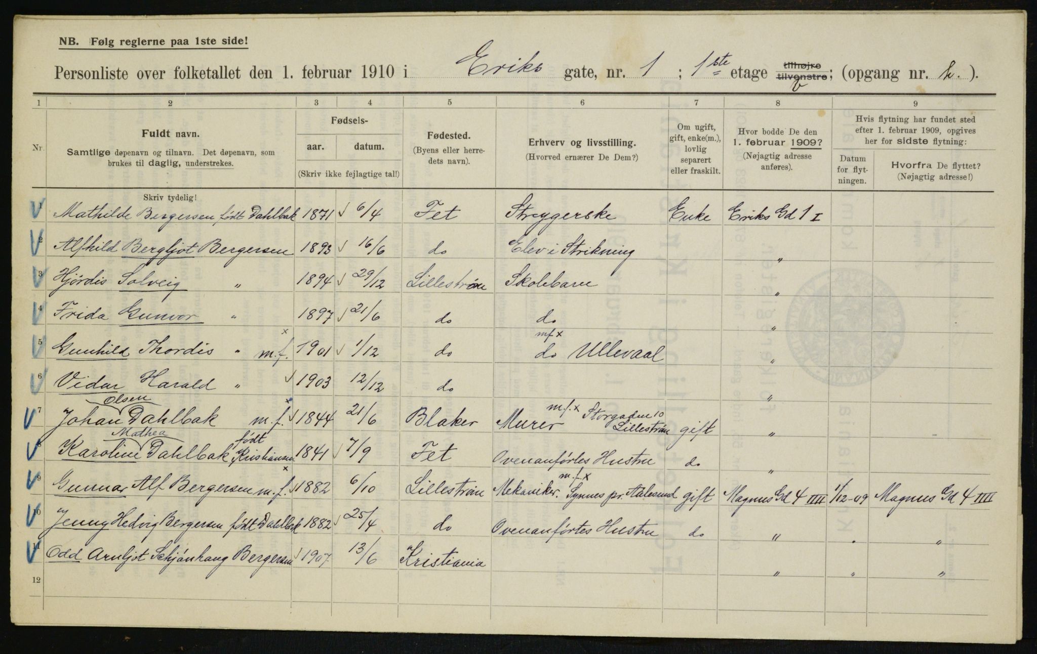 OBA, Municipal Census 1910 for Kristiania, 1910, p. 20115