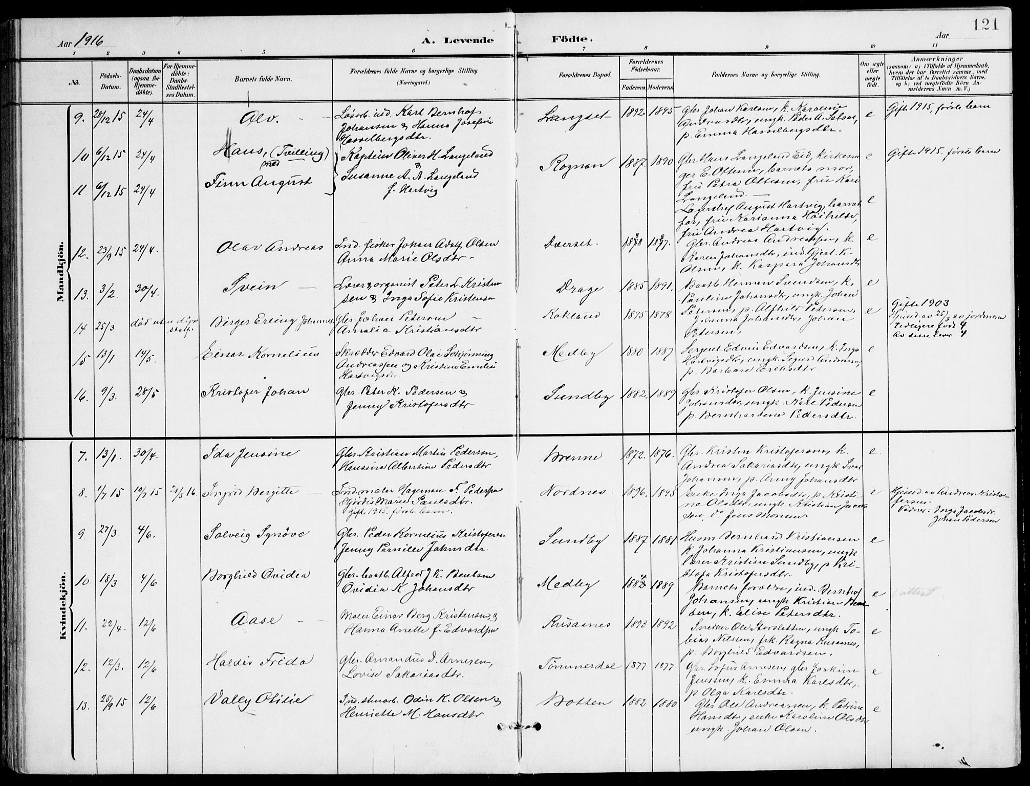 Ministerialprotokoller, klokkerbøker og fødselsregistre - Nordland, AV/SAT-A-1459/847/L0672: Parish register (official) no. 847A12, 1902-1919, p. 121