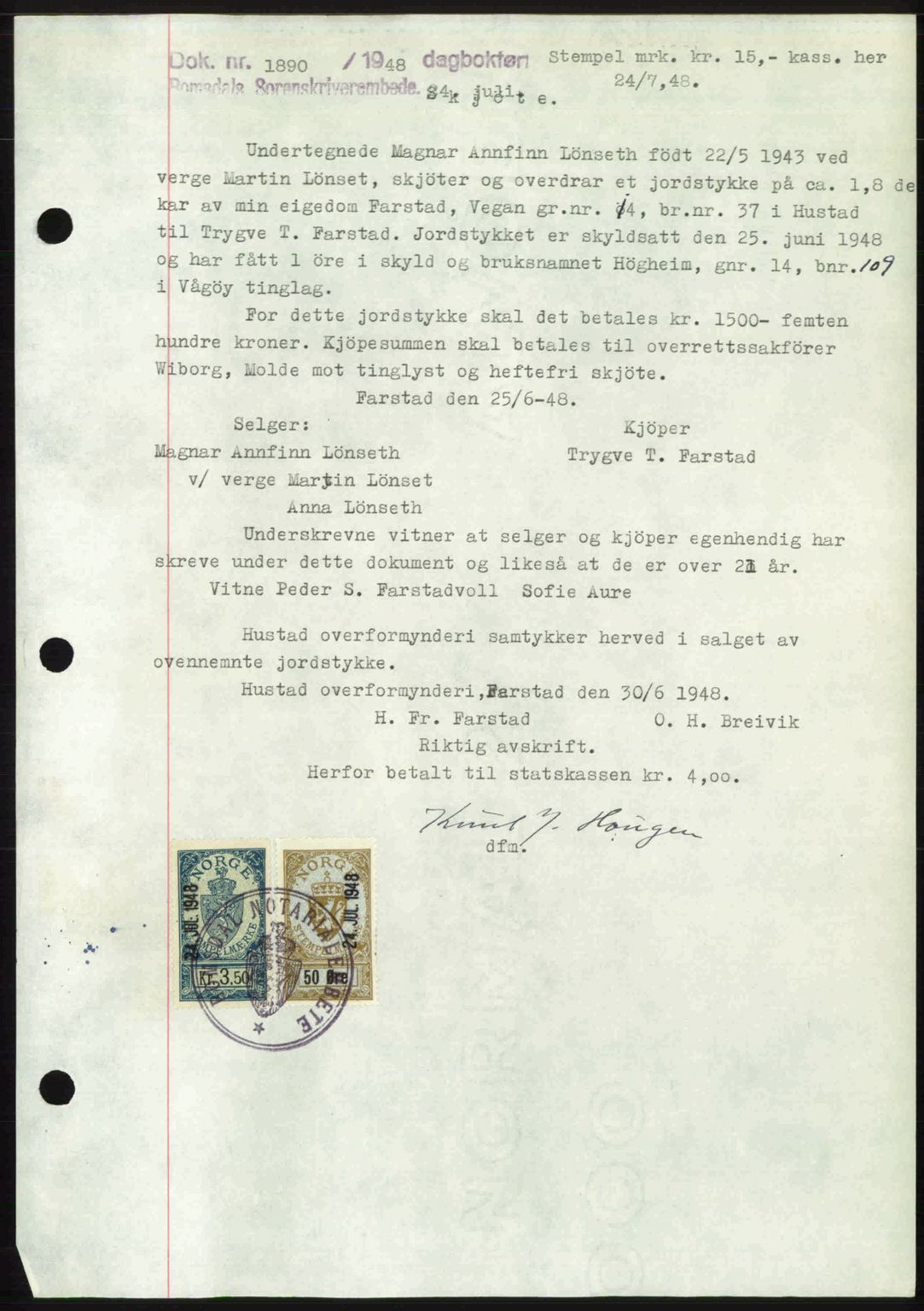 Romsdal sorenskriveri, AV/SAT-A-4149/1/2/2C: Mortgage book no. A26, 1948-1948, Diary no: : 1890/1948