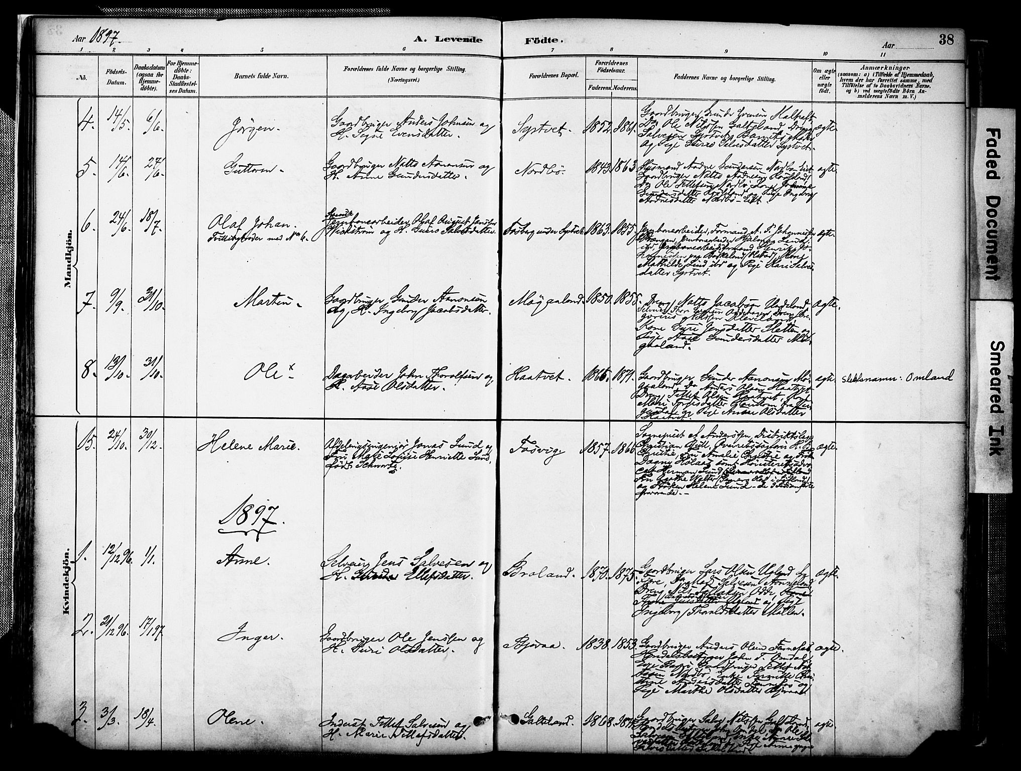 Evje sokneprestkontor, AV/SAK-1111-0008/F/Fa/Faa/L0007: Parish register (official) no. A 7, 1884-1909, p. 38