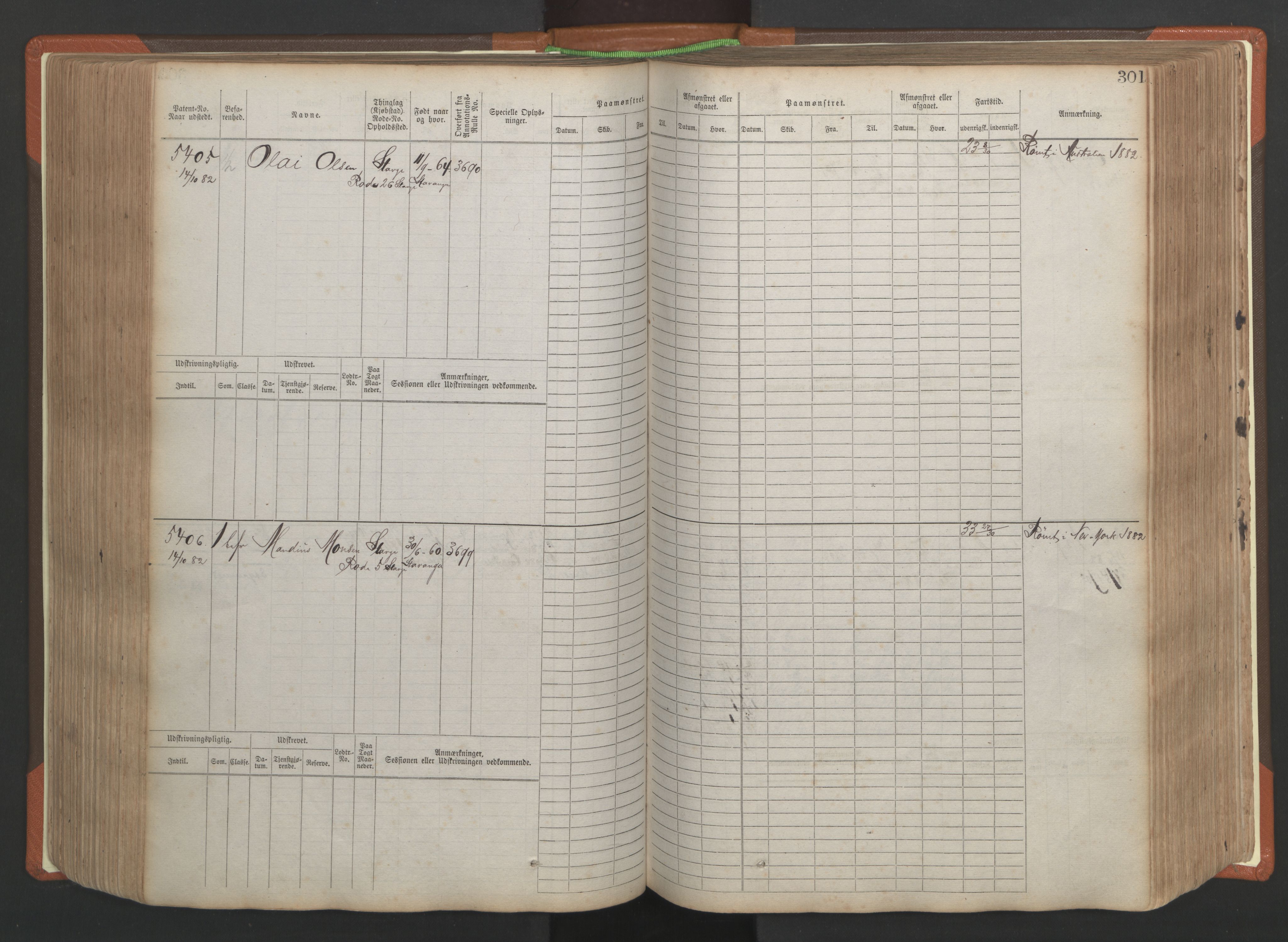 Stavanger sjømannskontor, AV/SAST-A-102006/F/Fb/Fbb/L0009: Sjøfartshovedrulle, patentnr. 4805-6006, 1879-1887, p. 307