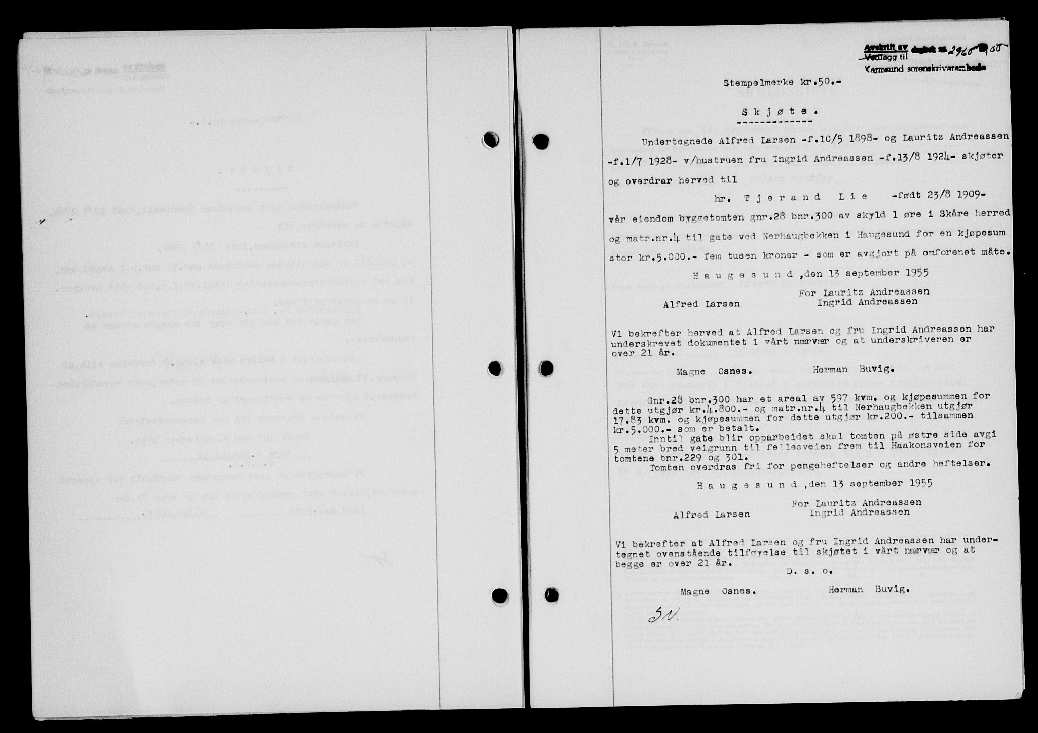 Karmsund sorenskriveri, SAST/A-100311/01/II/IIB/L0117: Mortgage book no. 97Aa, 1955-1955, Diary no: : 2960/1955