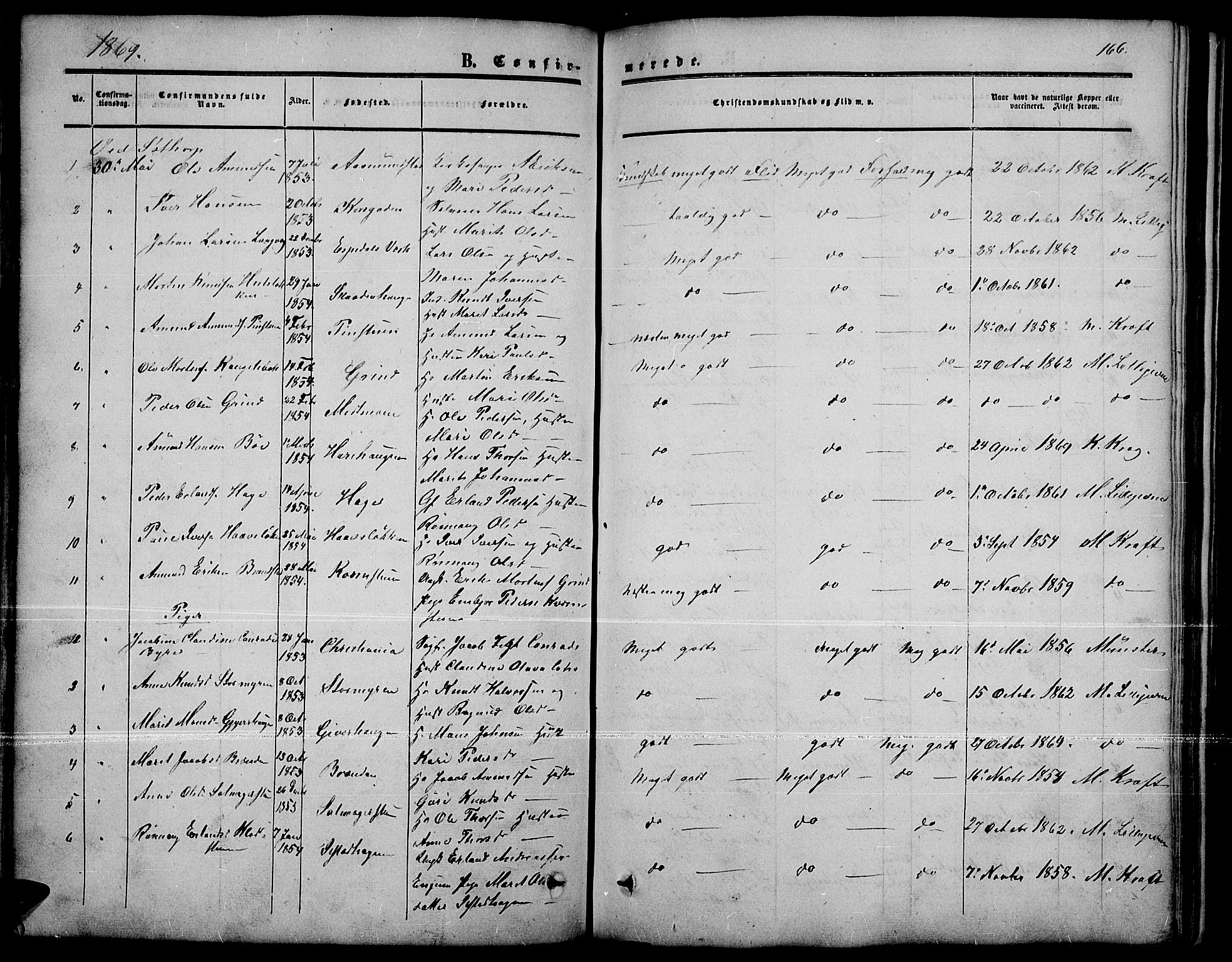 Nord-Fron prestekontor, SAH/PREST-080/H/Ha/Hab/L0001: Parish register (copy) no. 1, 1851-1883, p. 166