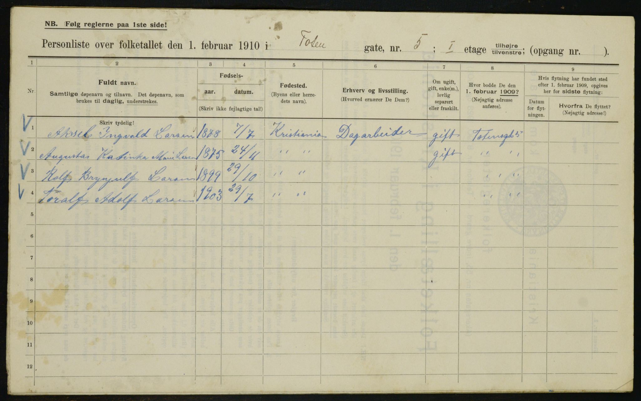 OBA, Municipal Census 1910 for Kristiania, 1910, p. 109556