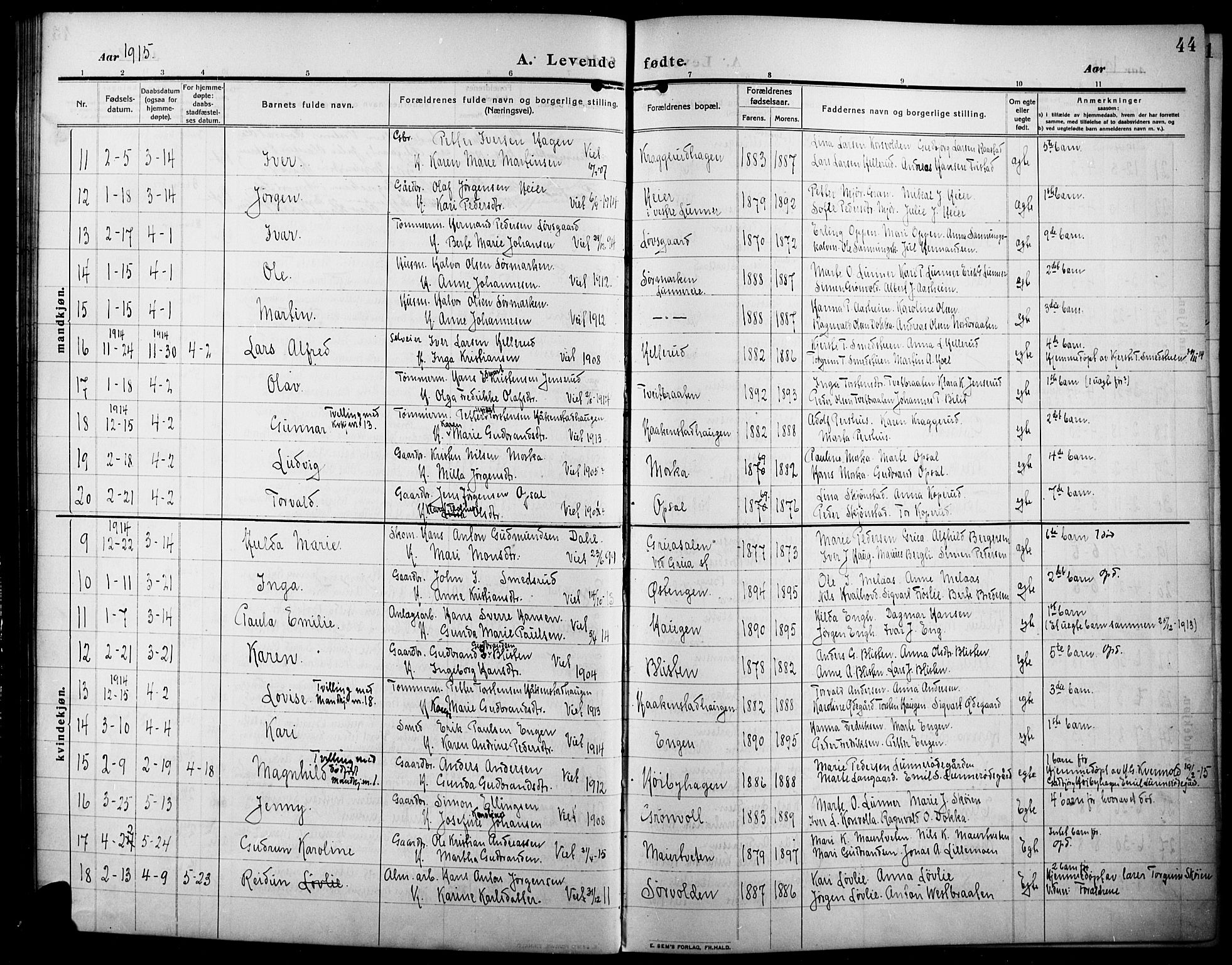 Lunner prestekontor, SAH/PREST-118/H/Ha/Hab/L0001: Parish register (copy) no. 1, 1909-1922, p. 44