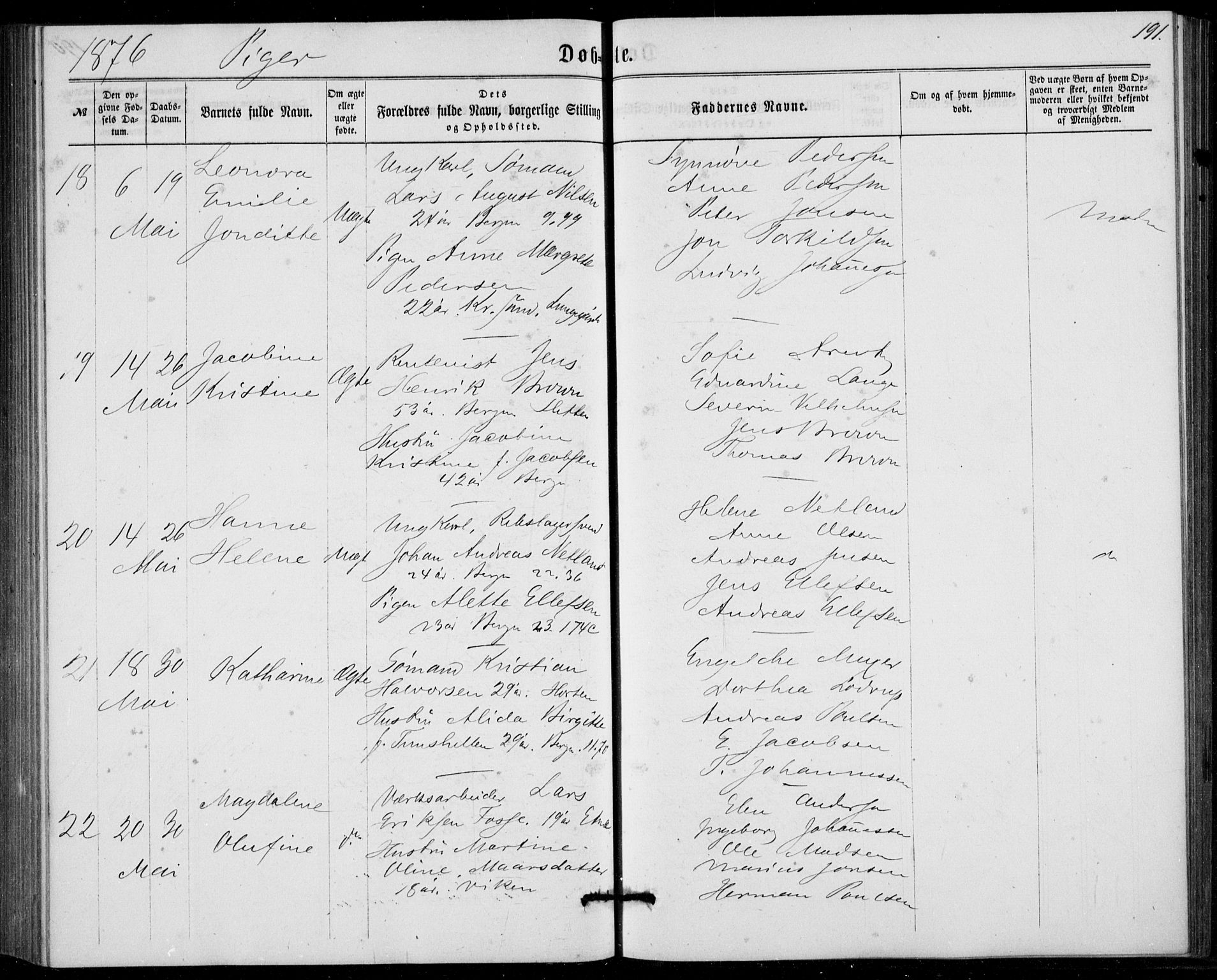 Fødselsstiftelsens sokneprestembete, ført av overlegen*, SAB/-: Parish register (official) no. A 1, 1863-1883, p. 191