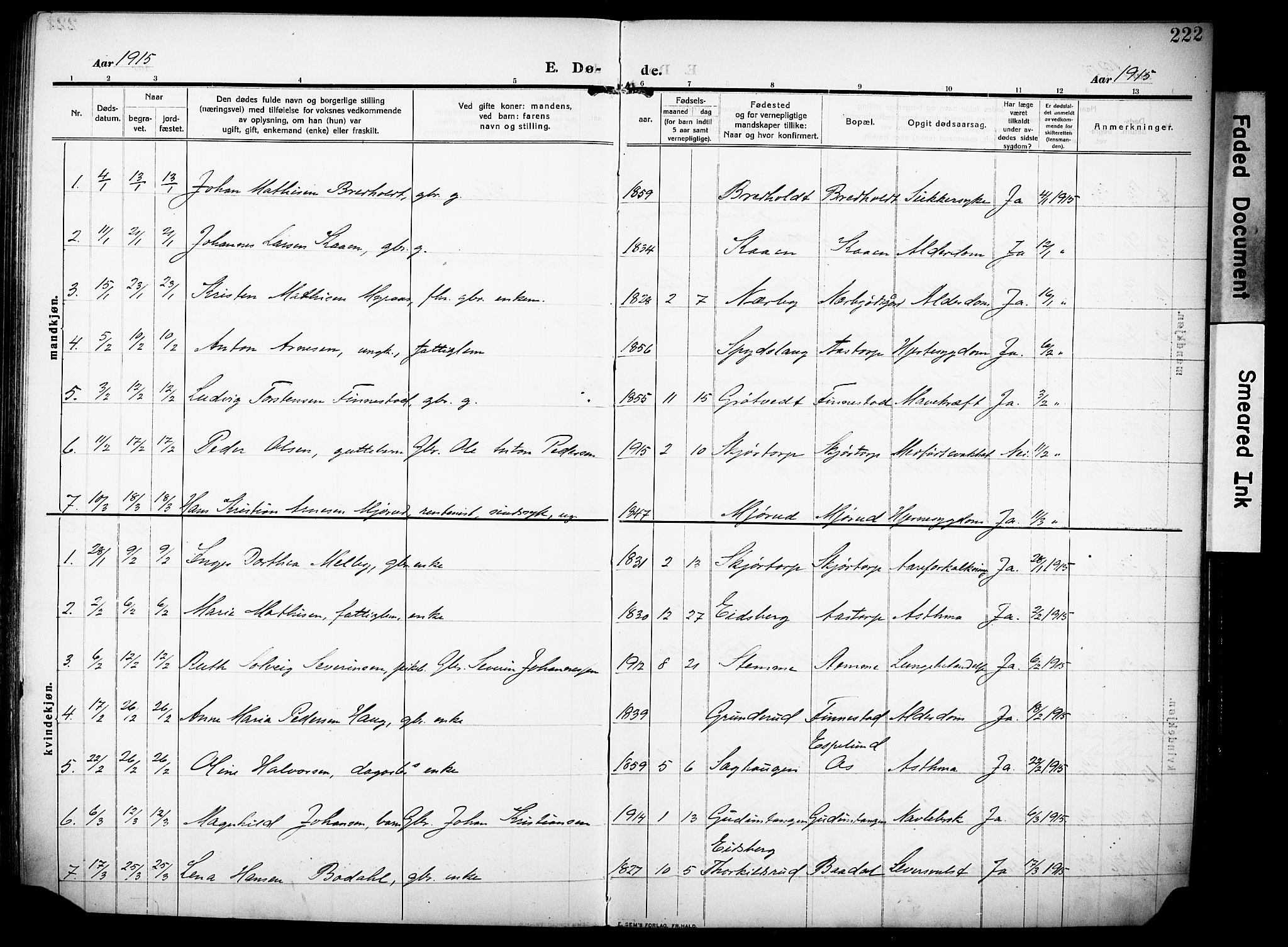 Rakkestad prestekontor Kirkebøker, AV/SAO-A-2008/F/Fa/L0015: Parish register (official) no. I 15, 1909-1922, p. 222