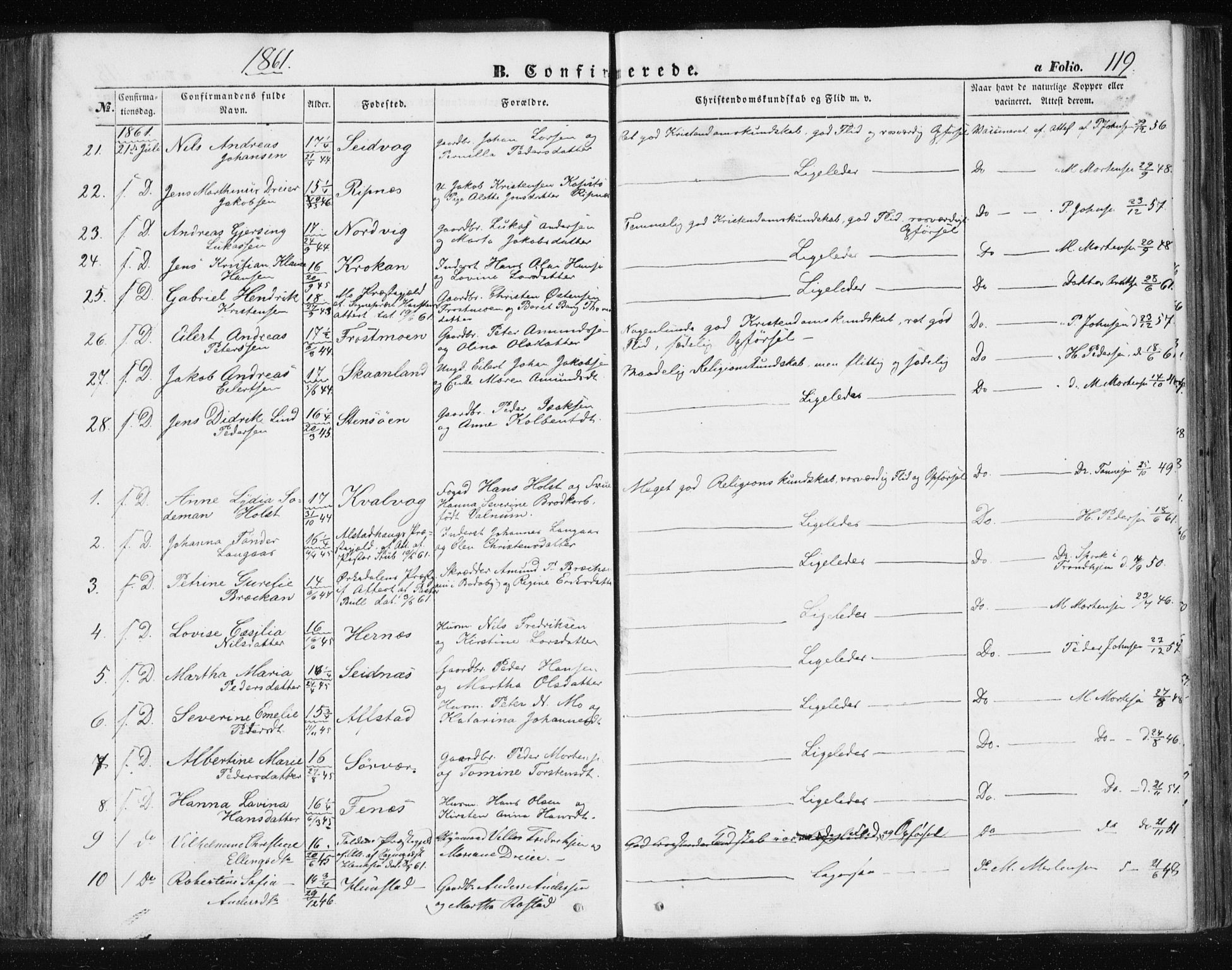 Ministerialprotokoller, klokkerbøker og fødselsregistre - Nordland, AV/SAT-A-1459/801/L0028: Parish register (copy) no. 801C03, 1855-1867, p. 119