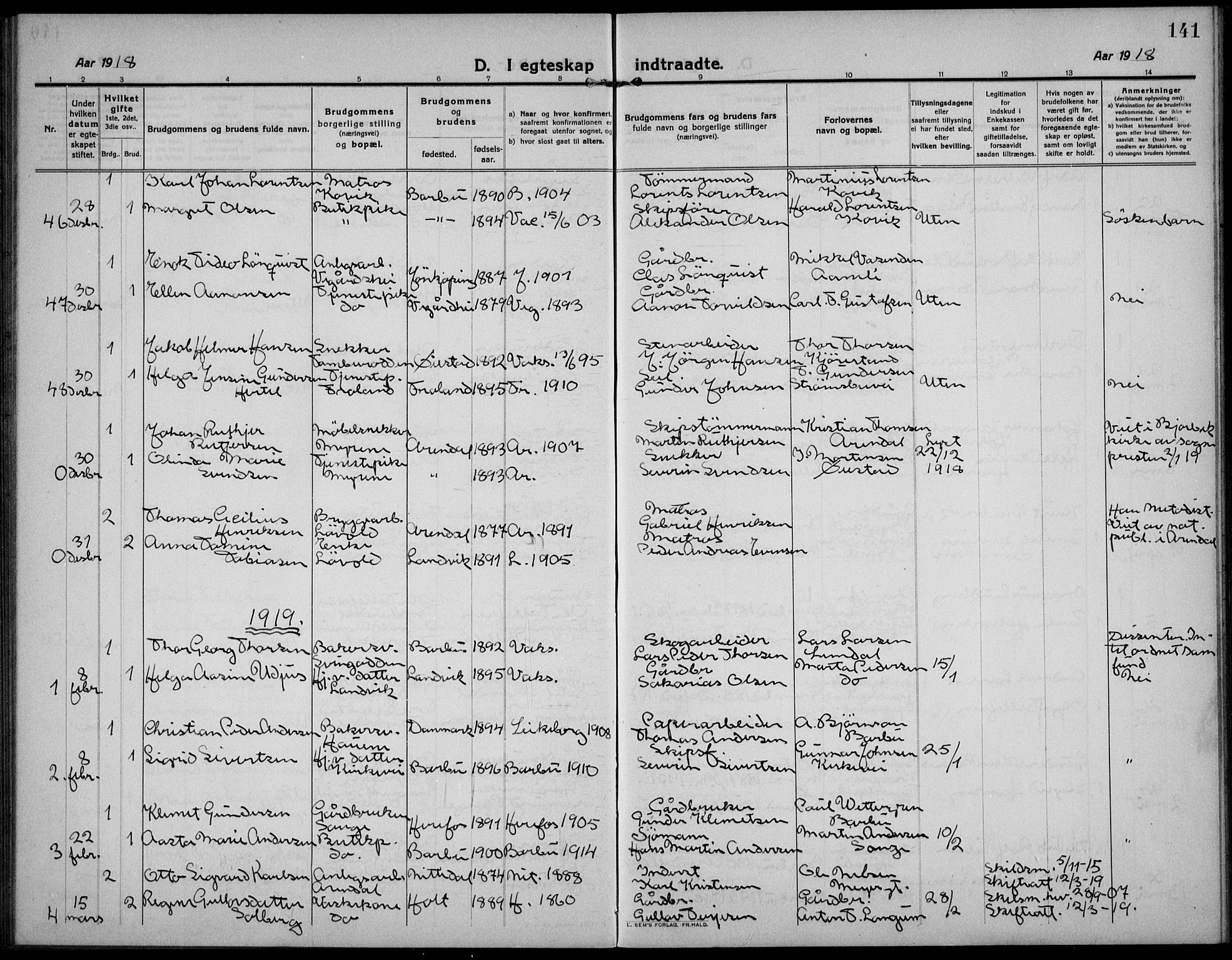 Barbu sokneprestkontor, AV/SAK-1111-0003/F/Fb/L0004: Parish register (copy) no. B 4, 1911-1936, p. 141