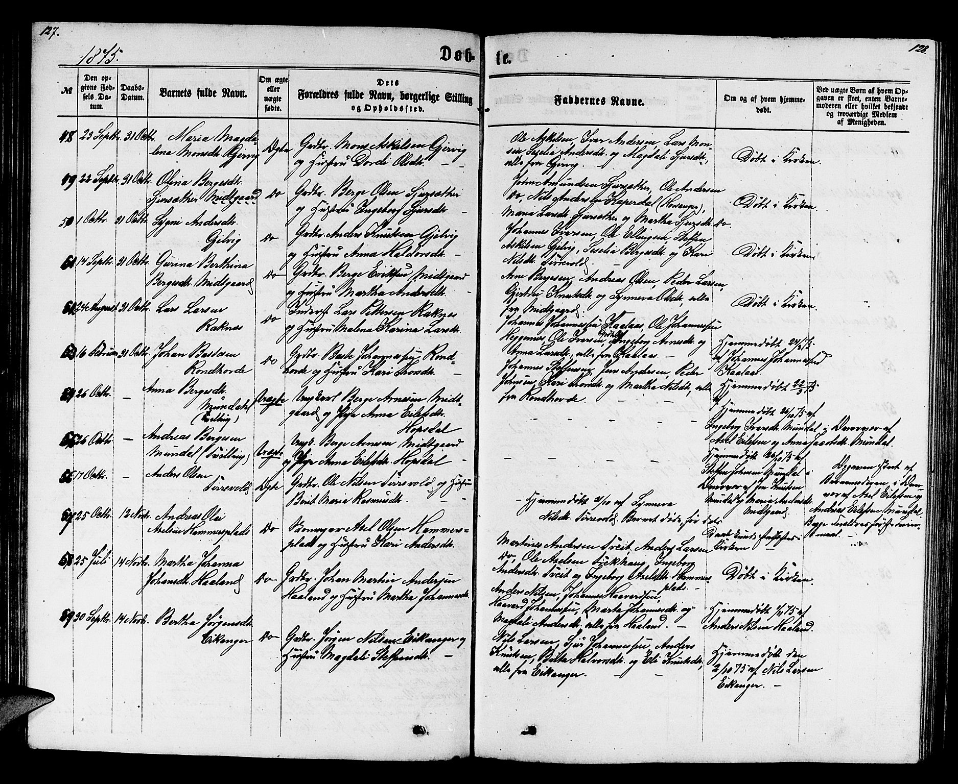 Hamre sokneprestembete, SAB/A-75501/H/Ha/Hab: Parish register (copy) no. B 2, 1863-1880, p. 127-128