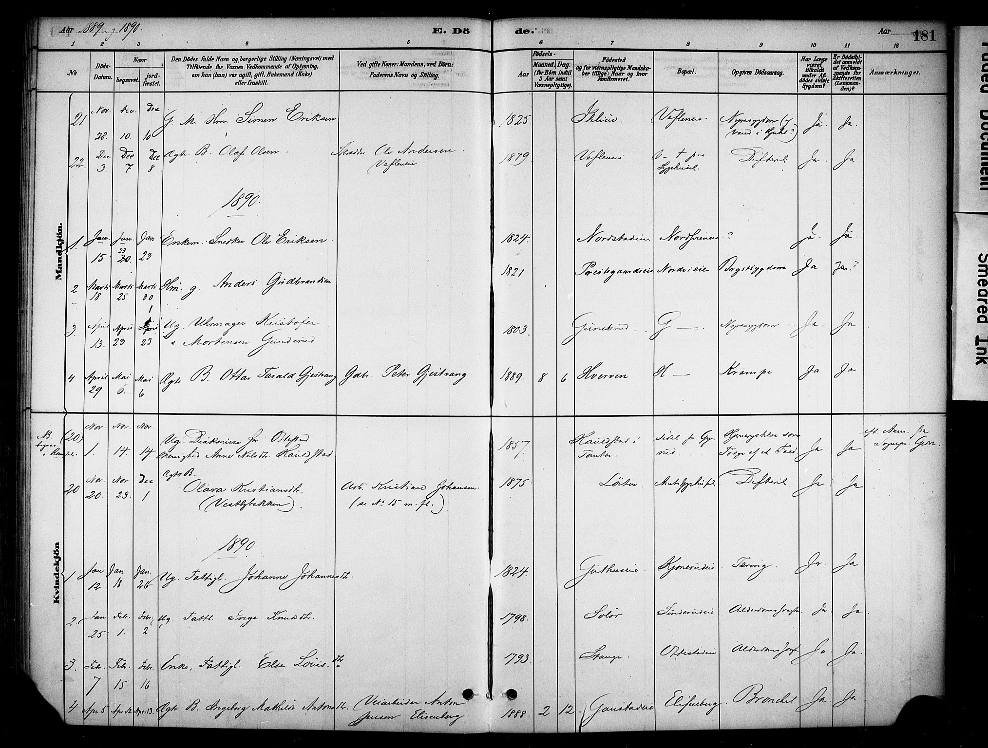 Stange prestekontor, SAH/PREST-002/K/L0019: Parish register (official) no. 19, 1880-1891, p. 181