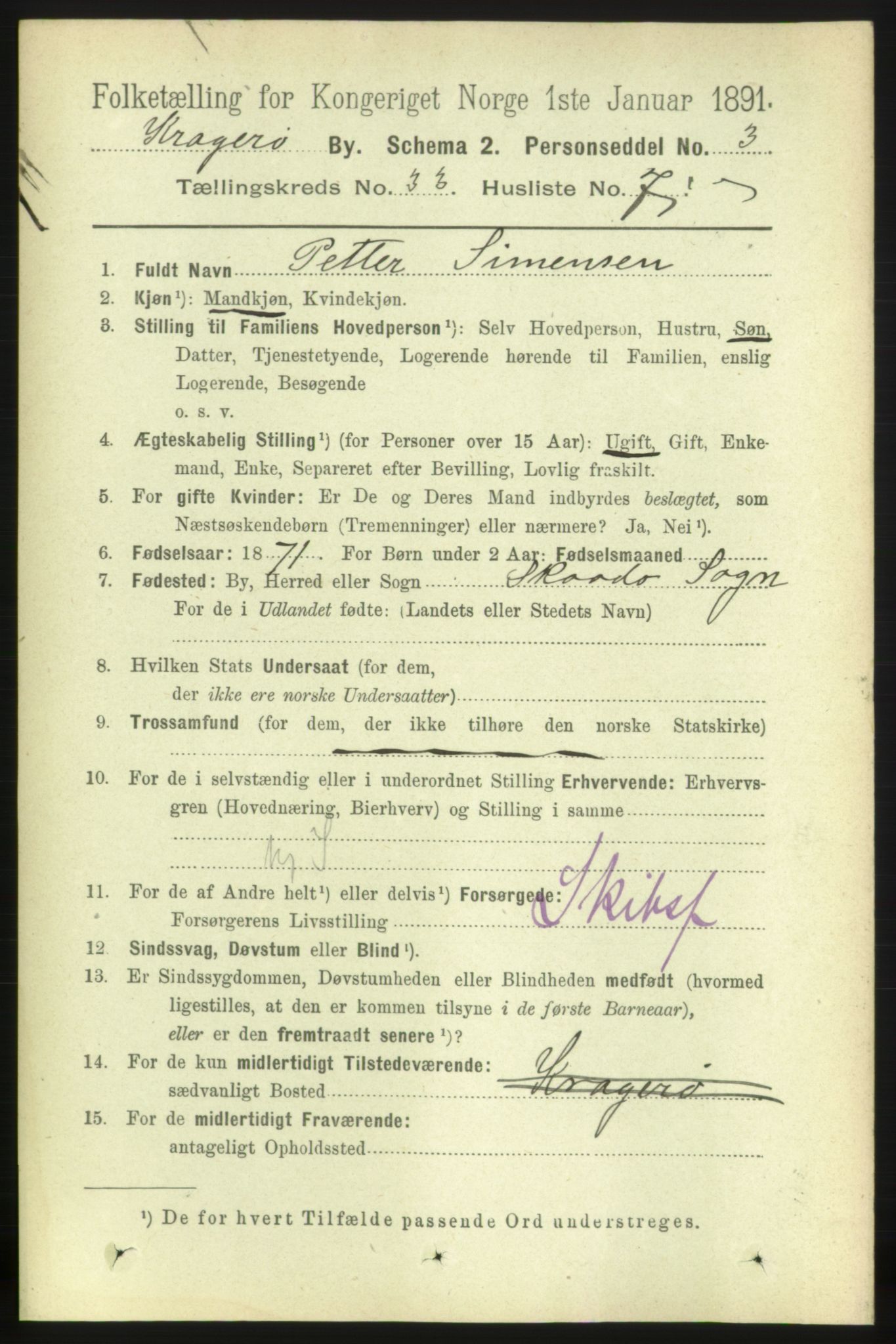 RA, 1891 census for 0801 Kragerø, 1891, p. 5993