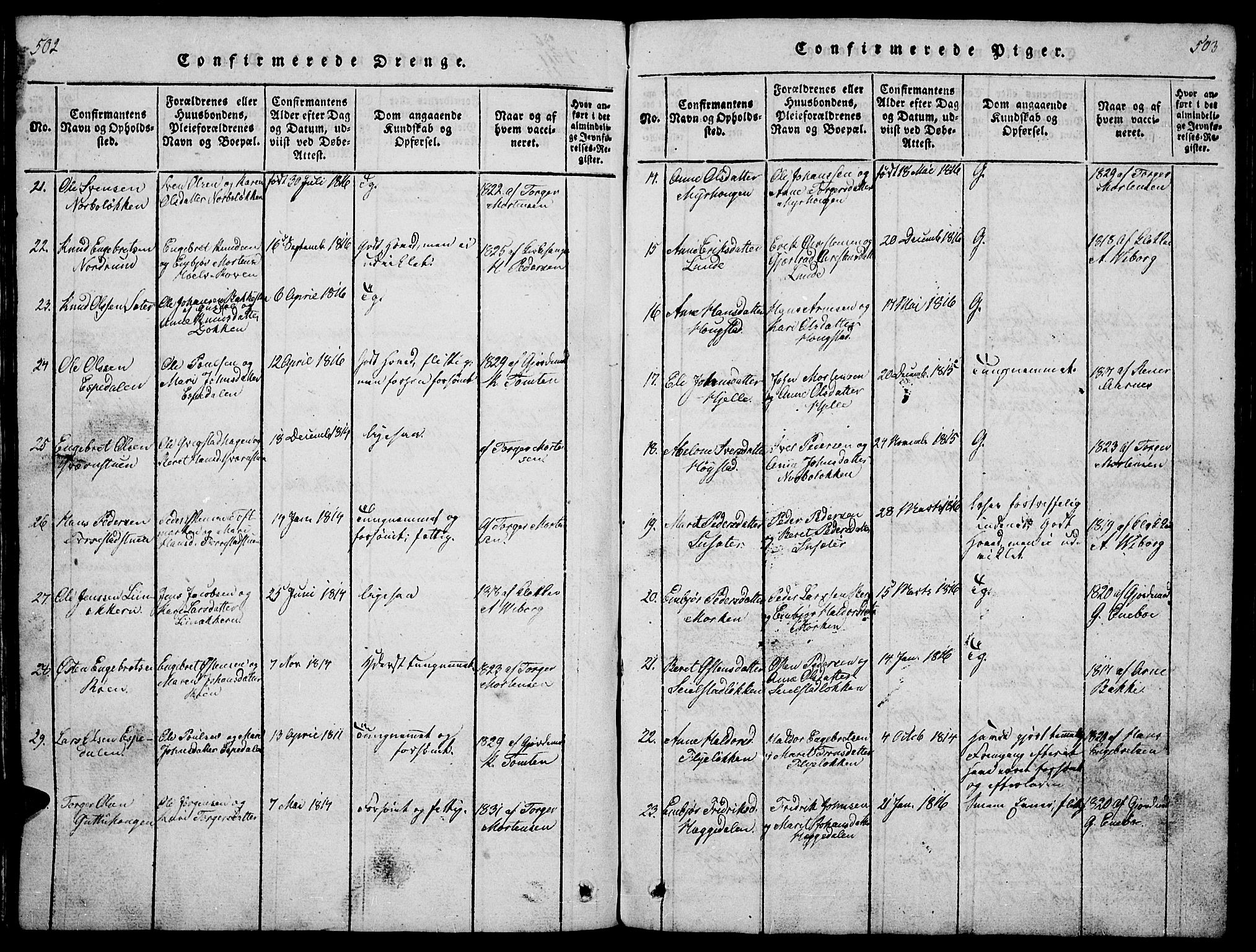 Ringebu prestekontor, SAH/PREST-082/H/Ha/Hab/L0001: Parish register (copy) no. 1, 1821-1839, p. 502-503