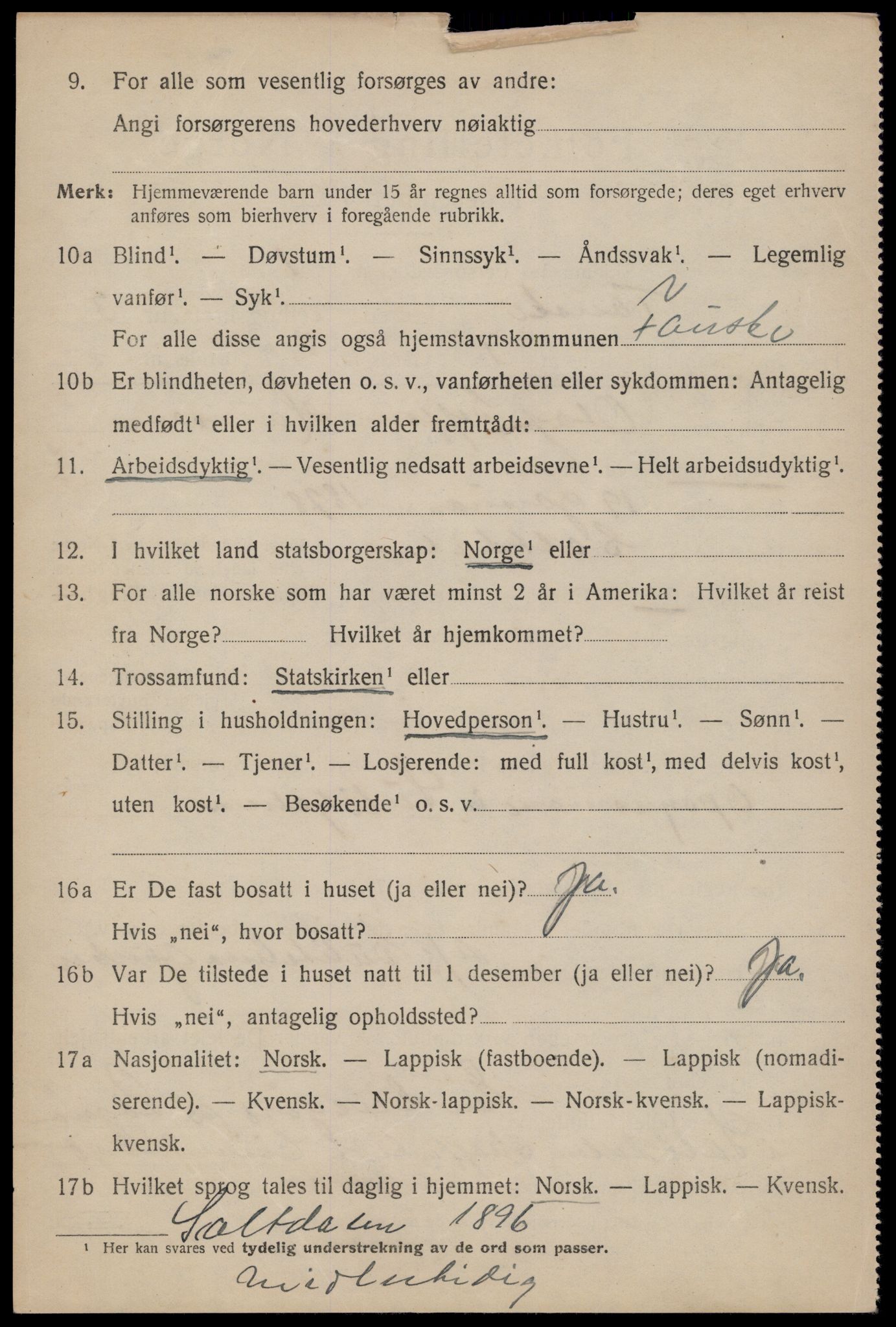 SAT, 1920 census for Fauske, 1920, p. 3485