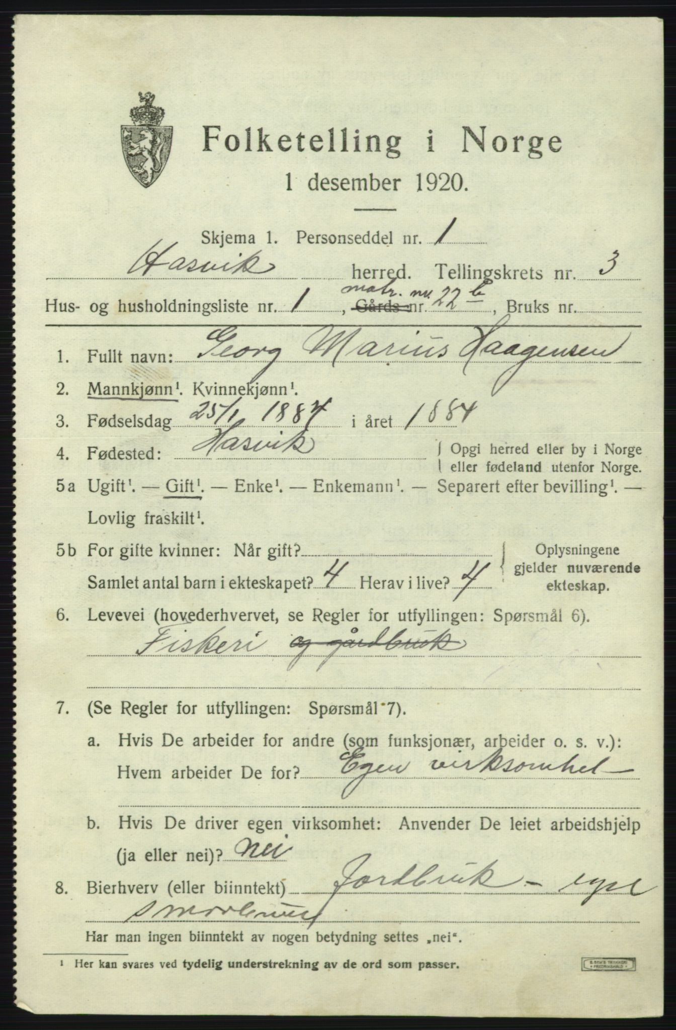 SATØ, 1920 census for Hasvik, 1920, p. 1097