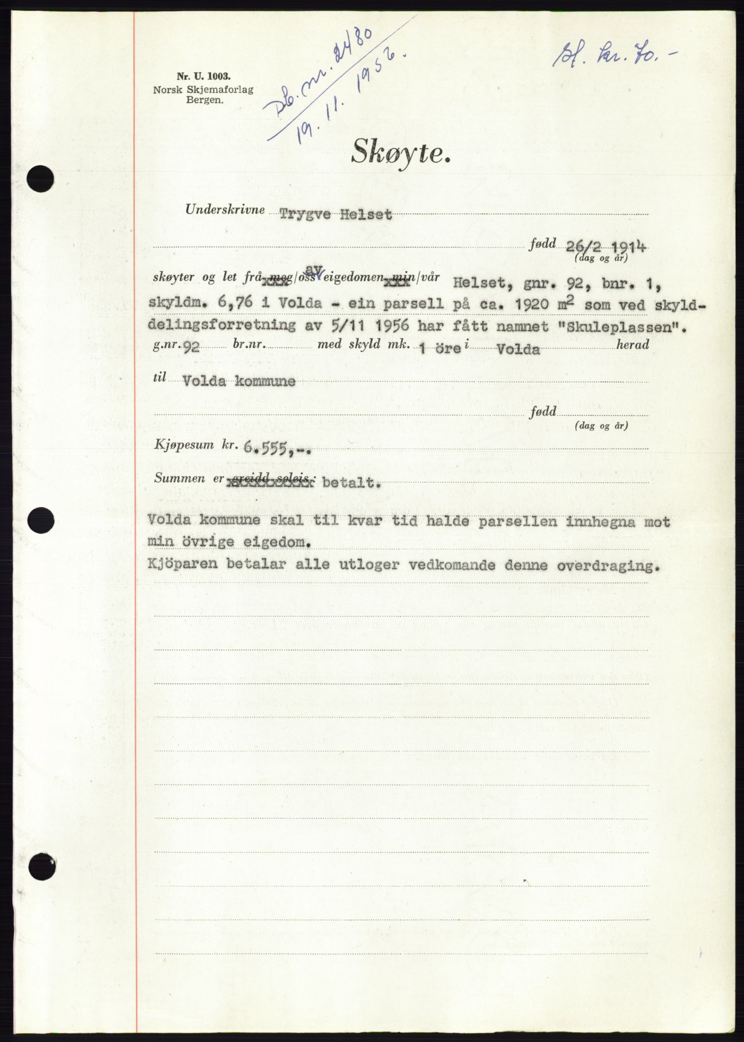 Søre Sunnmøre sorenskriveri, AV/SAT-A-4122/1/2/2C/L0105: Mortgage book no. 31A, 1956-1957, Diary no: : 2480/1956