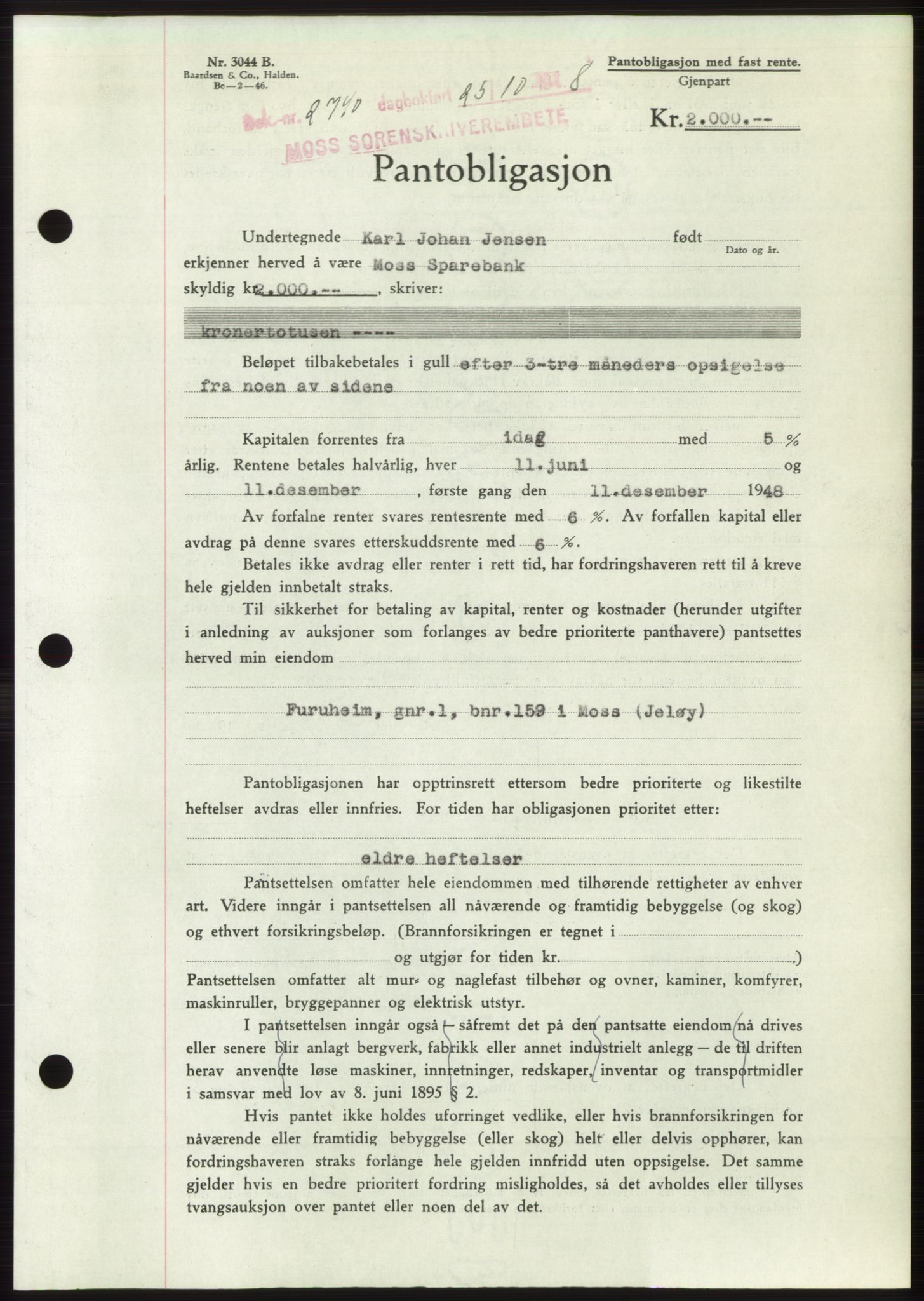 Moss sorenskriveri, AV/SAO-A-10168: Mortgage book no. B20, 1948-1948, Diary no: : 2740/1948