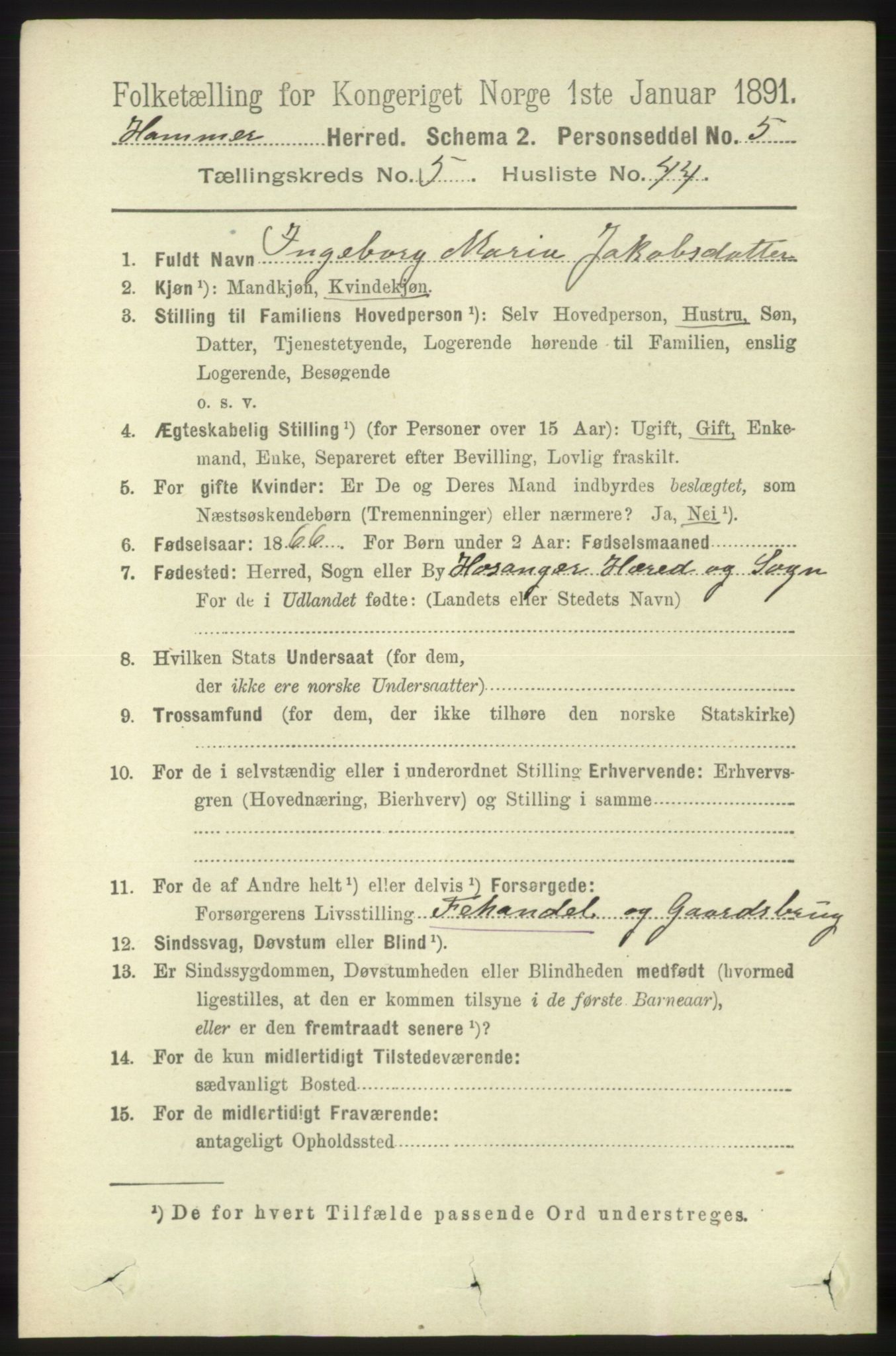 RA, 1891 census for 1254 Hamre, 1891, p. 1515