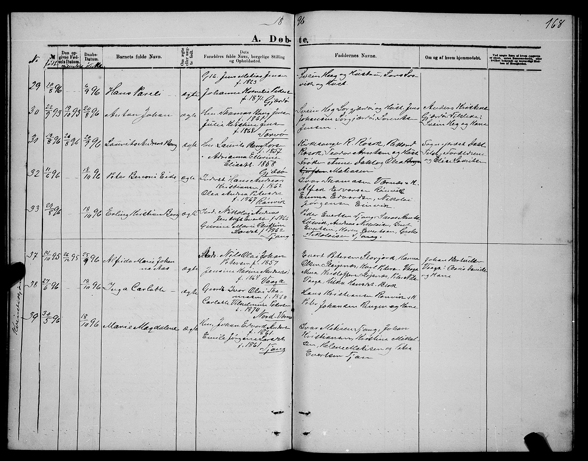 Ministerialprotokoller, klokkerbøker og fødselsregistre - Nordland, AV/SAT-A-1459/841/L0620: Parish register (copy) no. 841C04, 1877-1896, p. 168