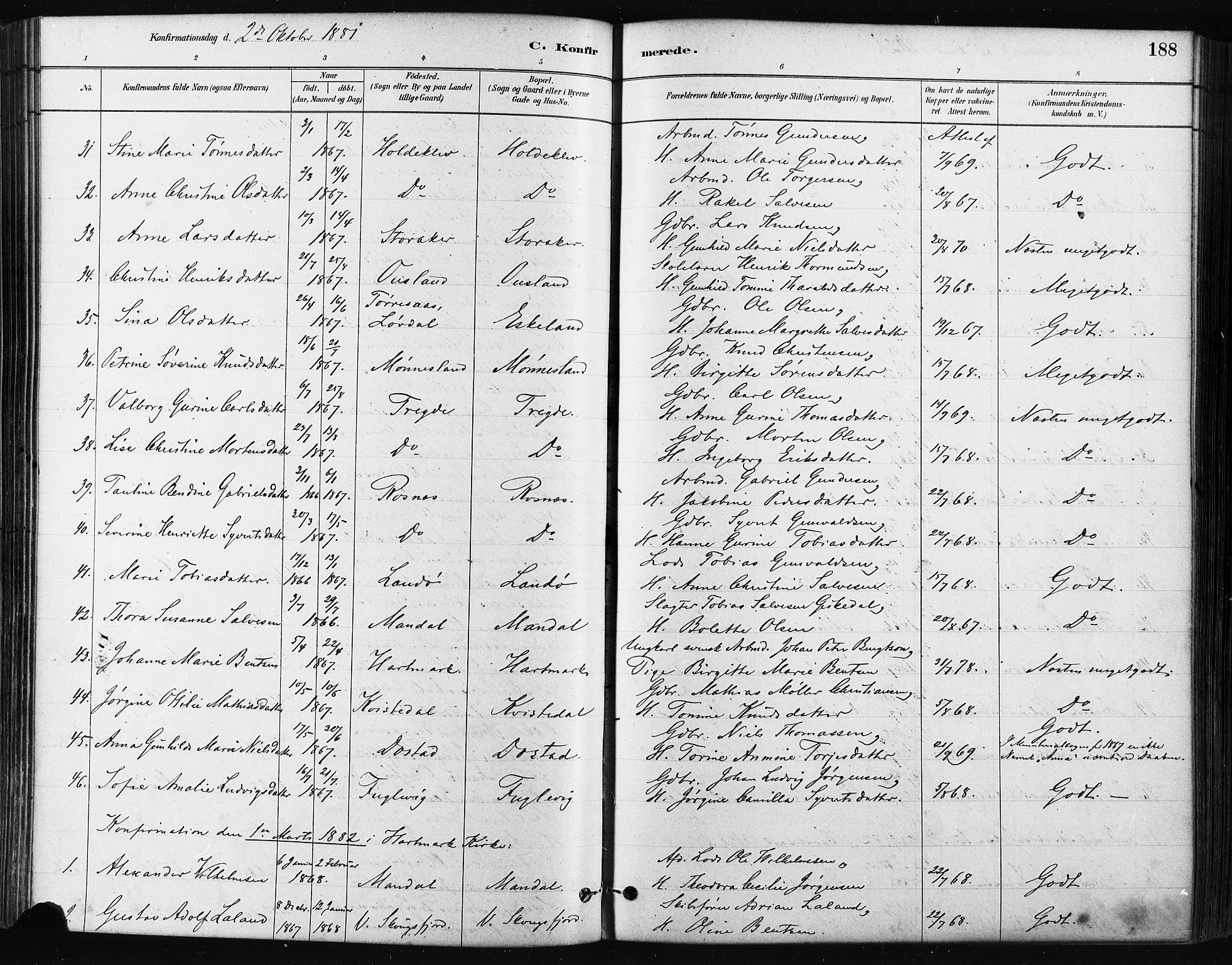 Mandal sokneprestkontor, AV/SAK-1111-0030/F/Fa/Faa/L0016: Parish register (official) no. A 16, 1880-1890, p. 188