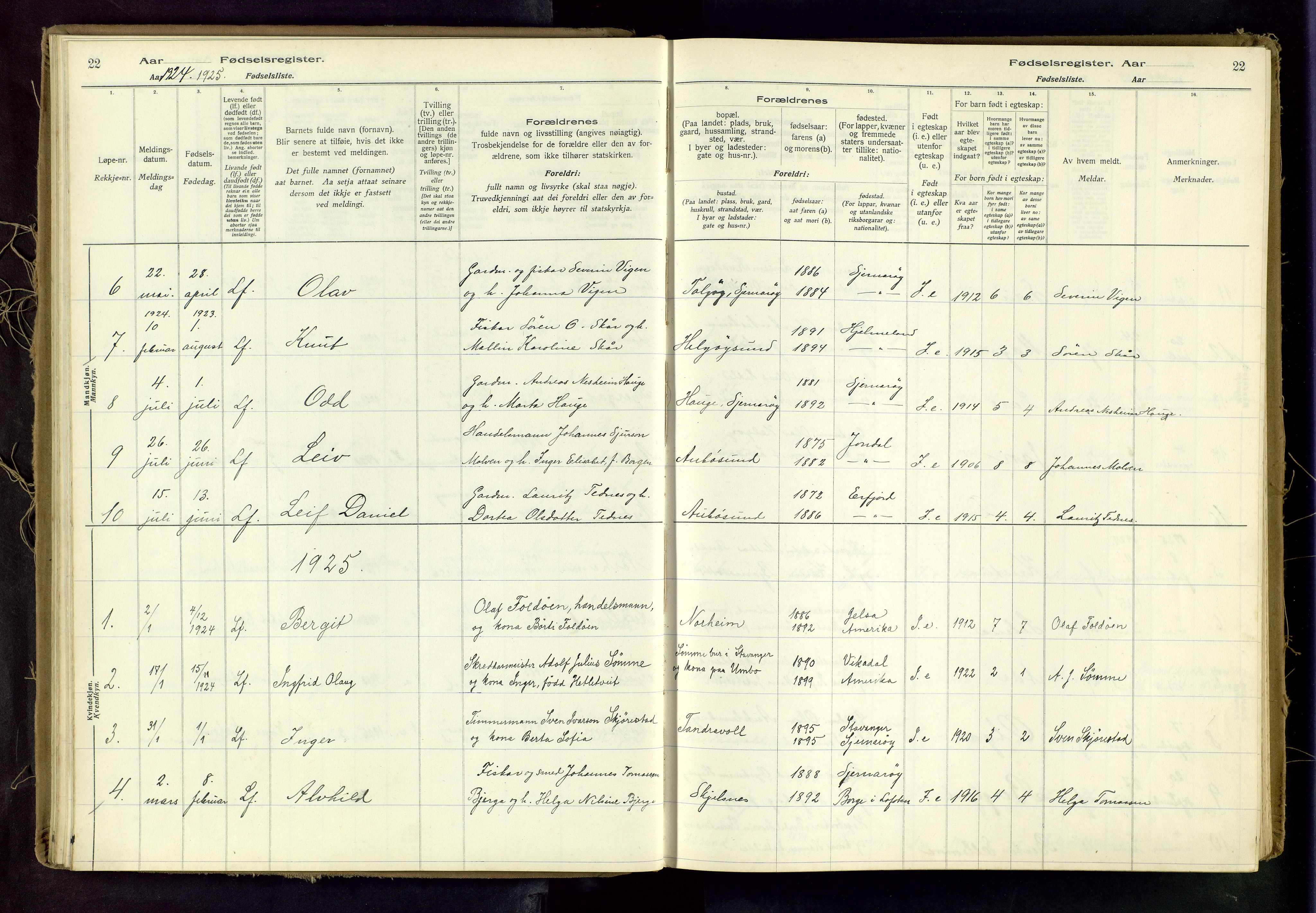 Nedstrand sokneprestkontor, SAST/A-101841/03/A/L0001: Birth register no. 1, 1916-1982, p. 22
