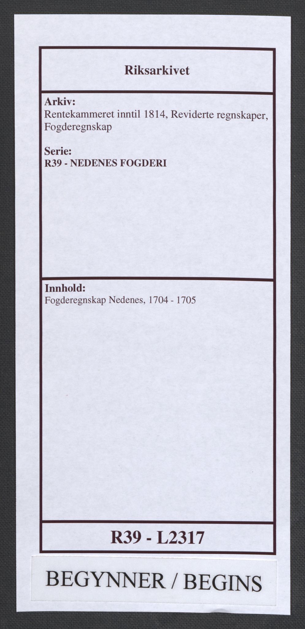 Rentekammeret inntil 1814, Reviderte regnskaper, Fogderegnskap, AV/RA-EA-4092/R39/L2317: Fogderegnskap Nedenes, 1704-1705, p. 1