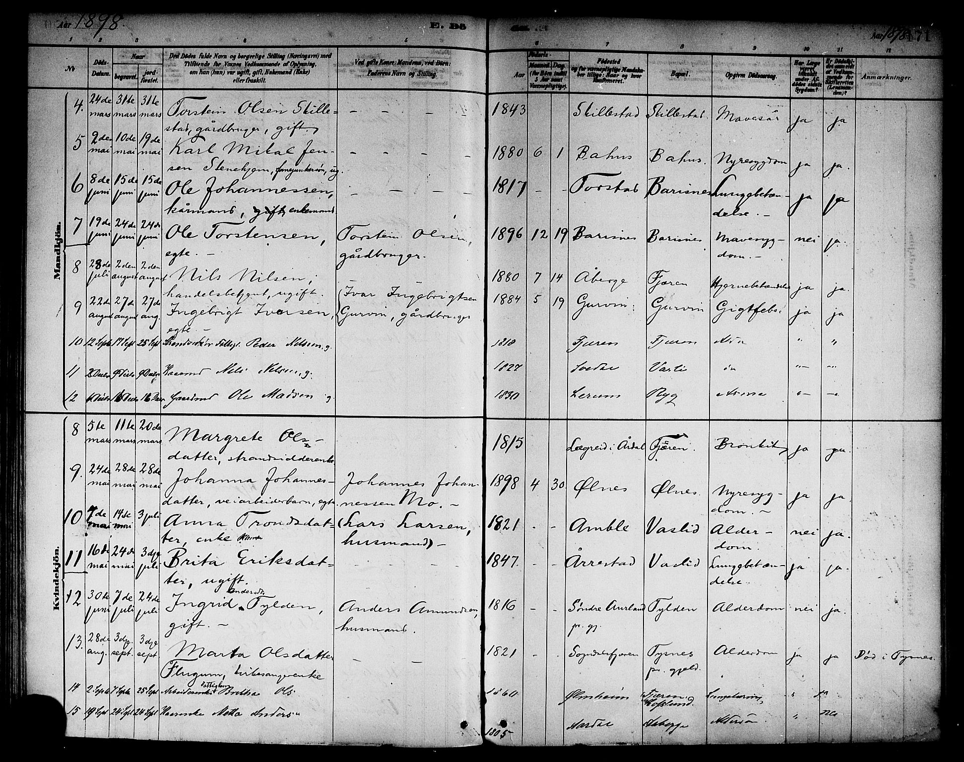 Sogndal sokneprestembete, AV/SAB-A-81301/H/Haa/Haab/L0001: Parish register (official) no. B 1, 1878-1899, p. 171