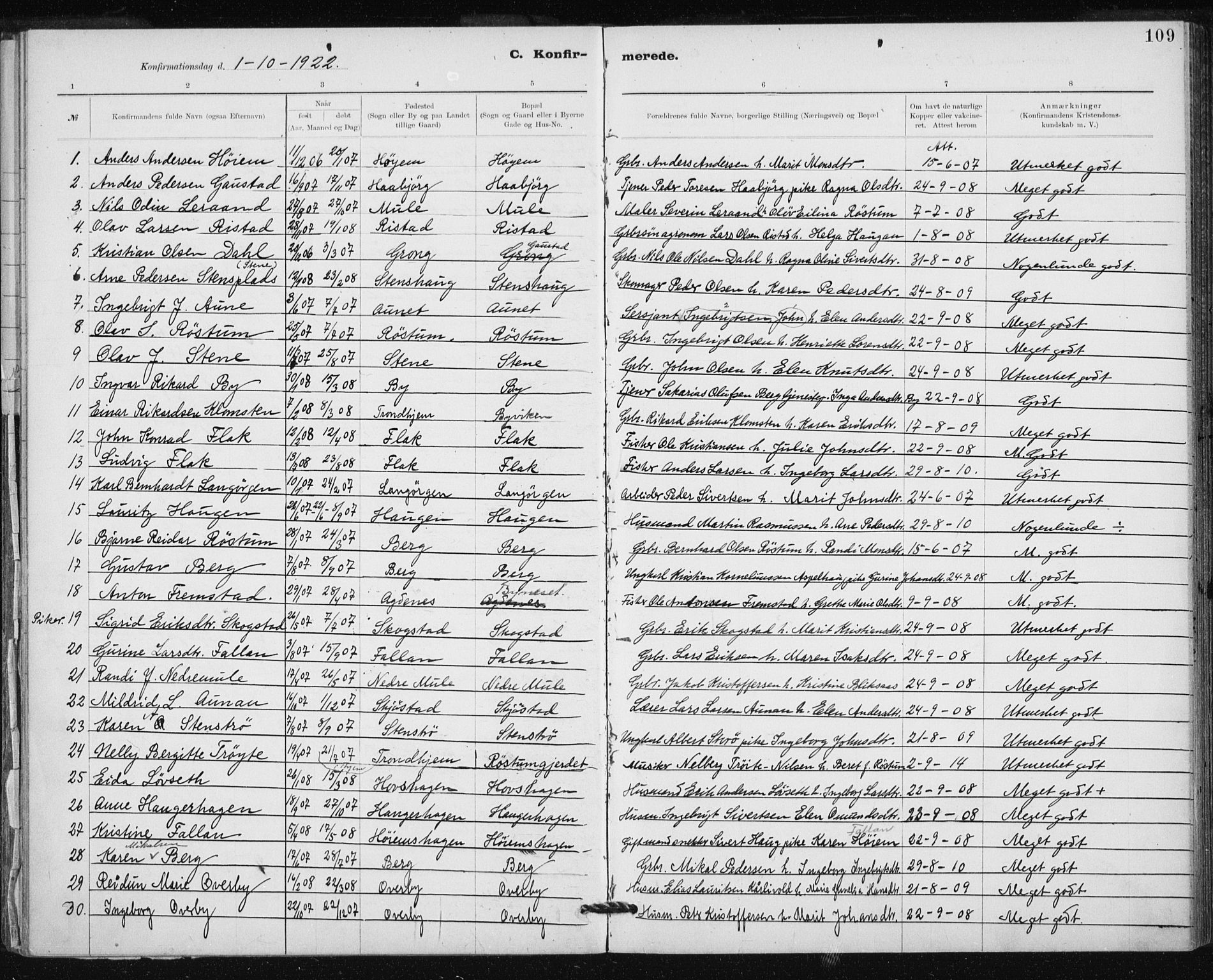 Ministerialprotokoller, klokkerbøker og fødselsregistre - Sør-Trøndelag, SAT/A-1456/612/L0381: Parish register (official) no. 612A13, 1907-1923, p. 109